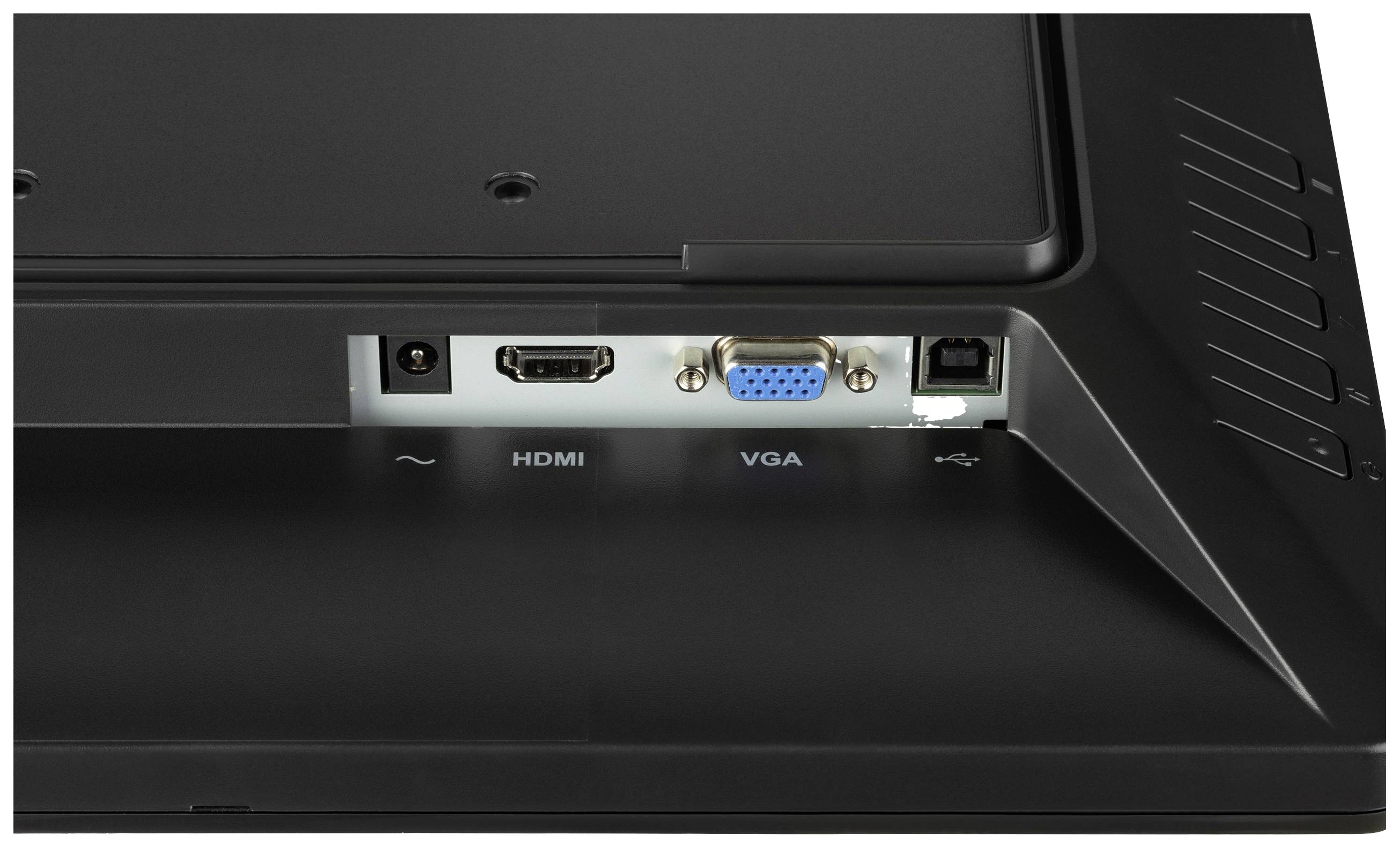 Achterkant van een monitor met HDMI-, VGA- en netwerkaansluiting