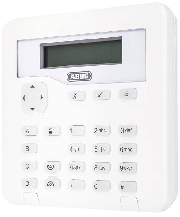 Witte alarminstallatie met numeriek toetsenbord en LCD-scherm, merklogo bovenaan. Toetsen omvatten cijfers en bedieningssymbolen.