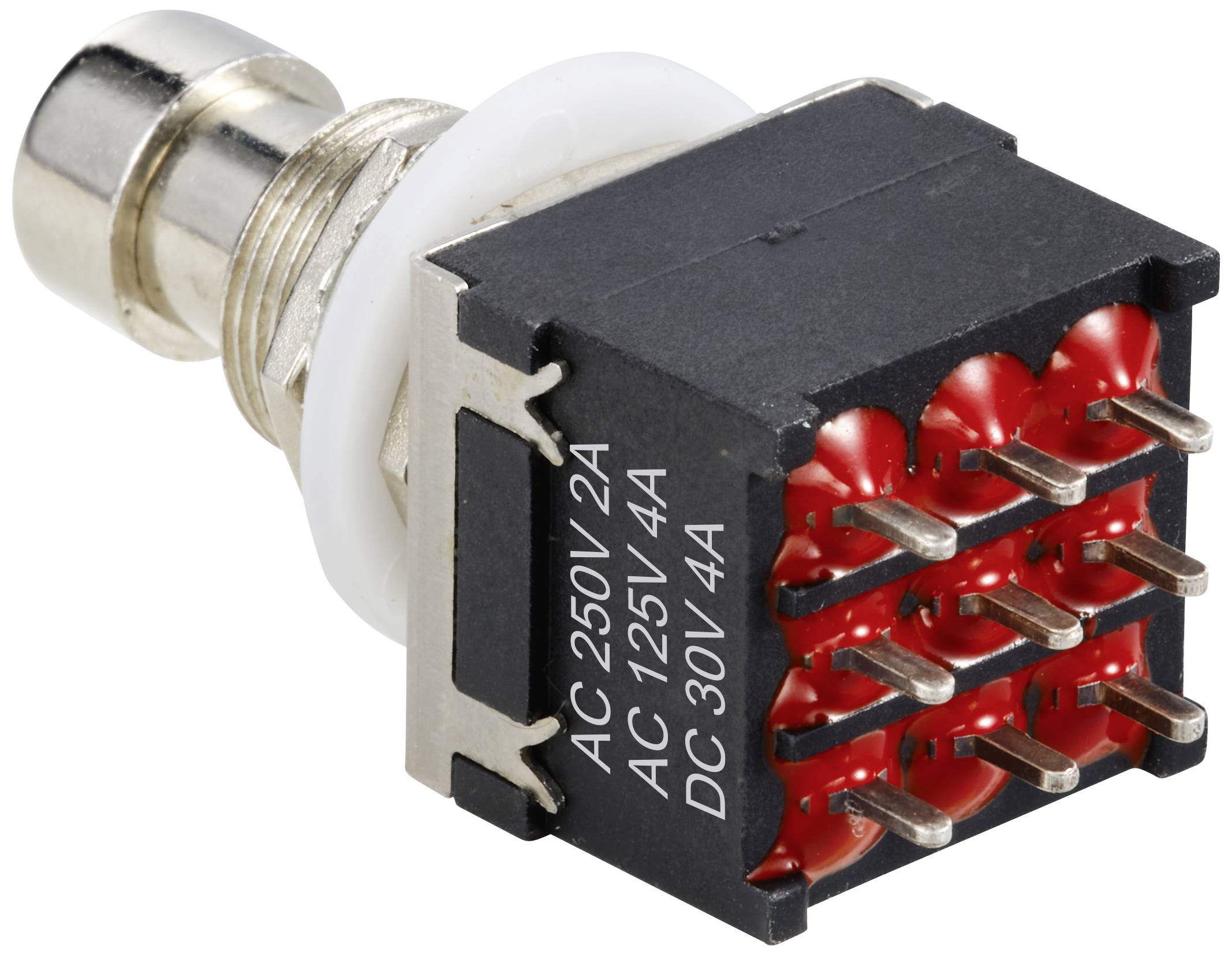 Een metalen schakelaar met meerdere rode pinnen, gemarkeerd met opschriften 'AC 250V 2A', 'AC 125V 4A', 'DC 30V 4A'.