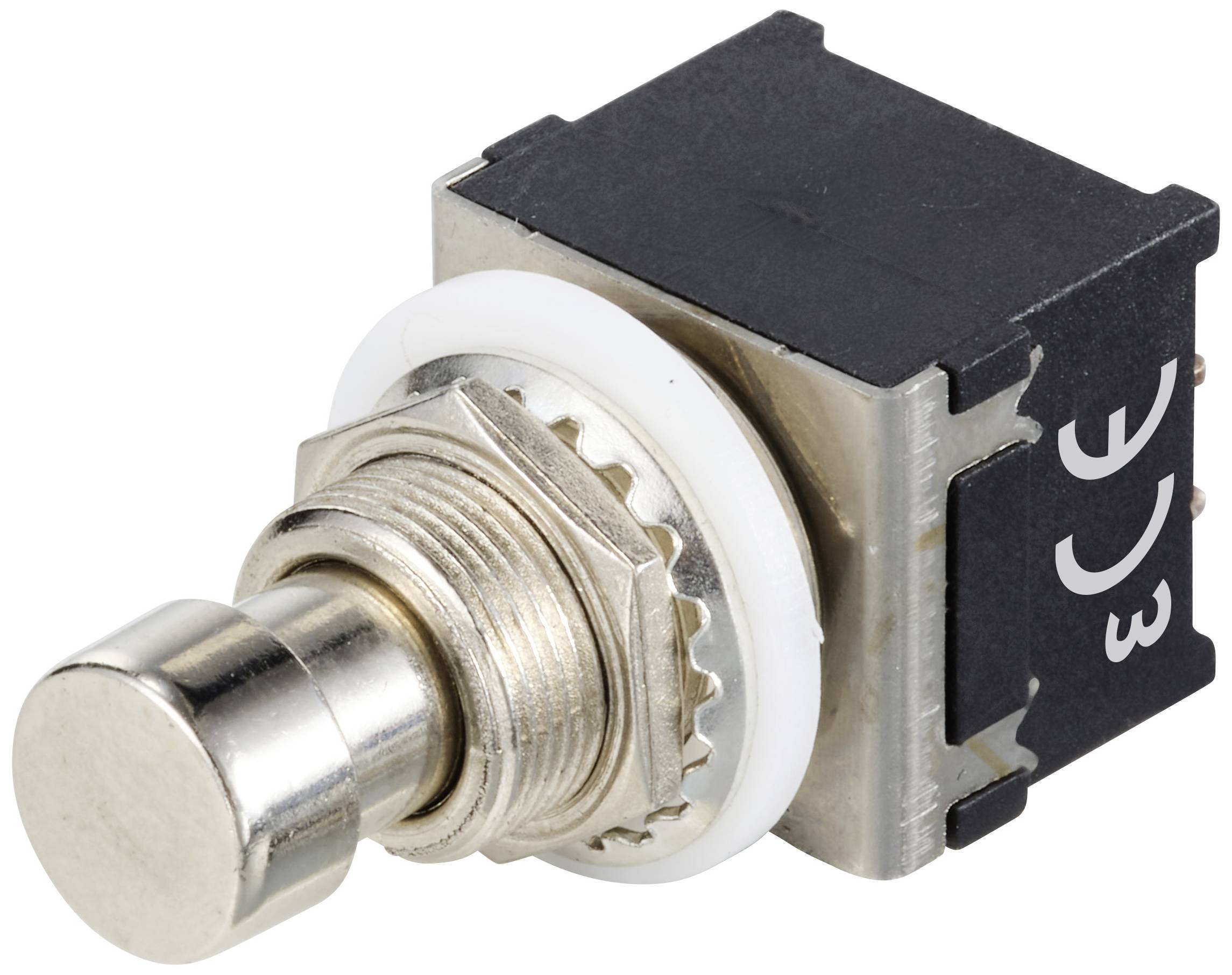 Voetschakelaar met metalen behuizing, ronde schakeltoets en drie pennen. Vaak gebruikt in gitaarpedalen.