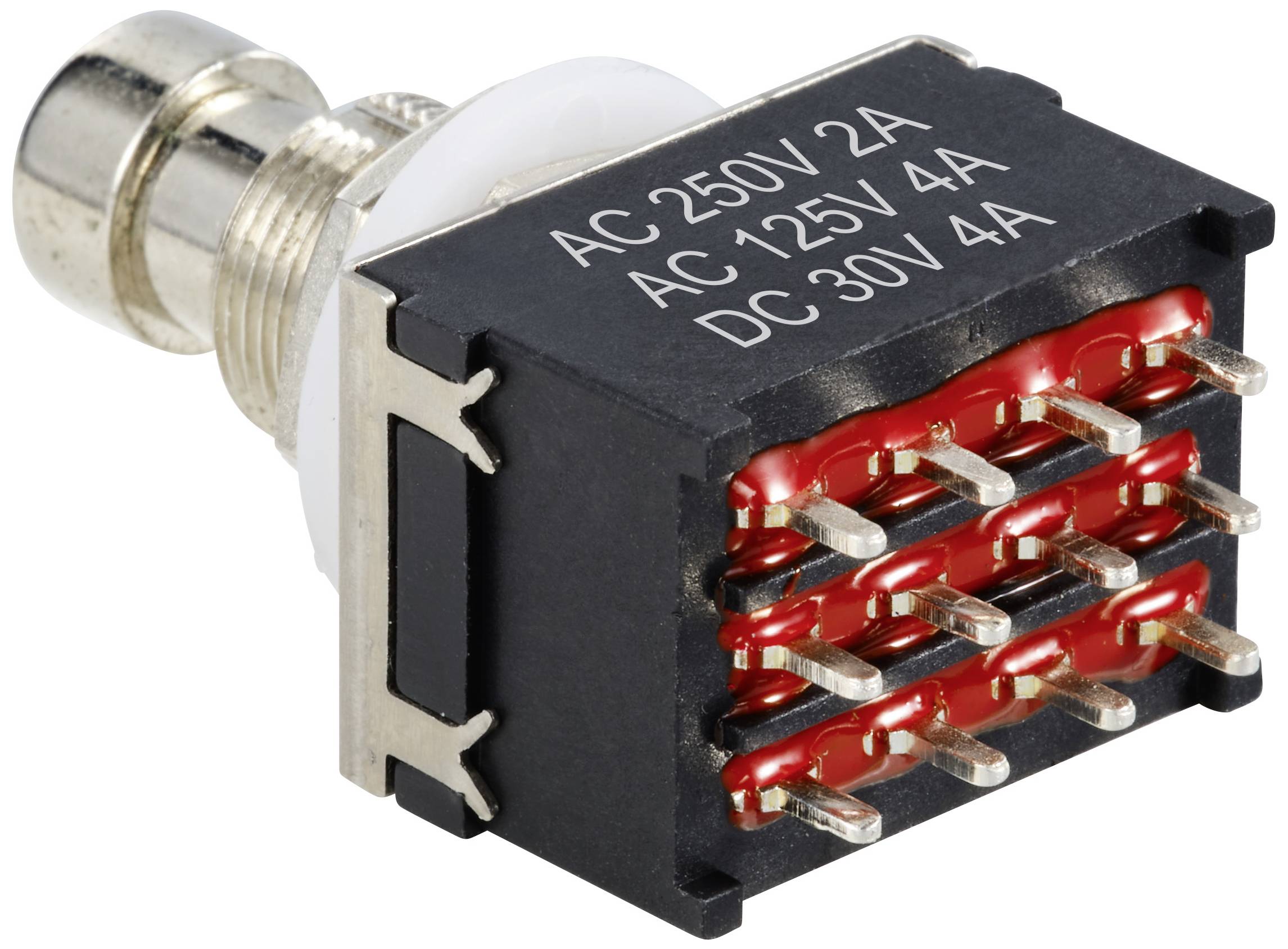 Een elektrische schakelaar met meerdere pinnen. Gemarkeerd met 'AC 250V 2A', 'AC 125V 4A', 'DC 30V 4A'. Toont spanning- en stroomwaarden.