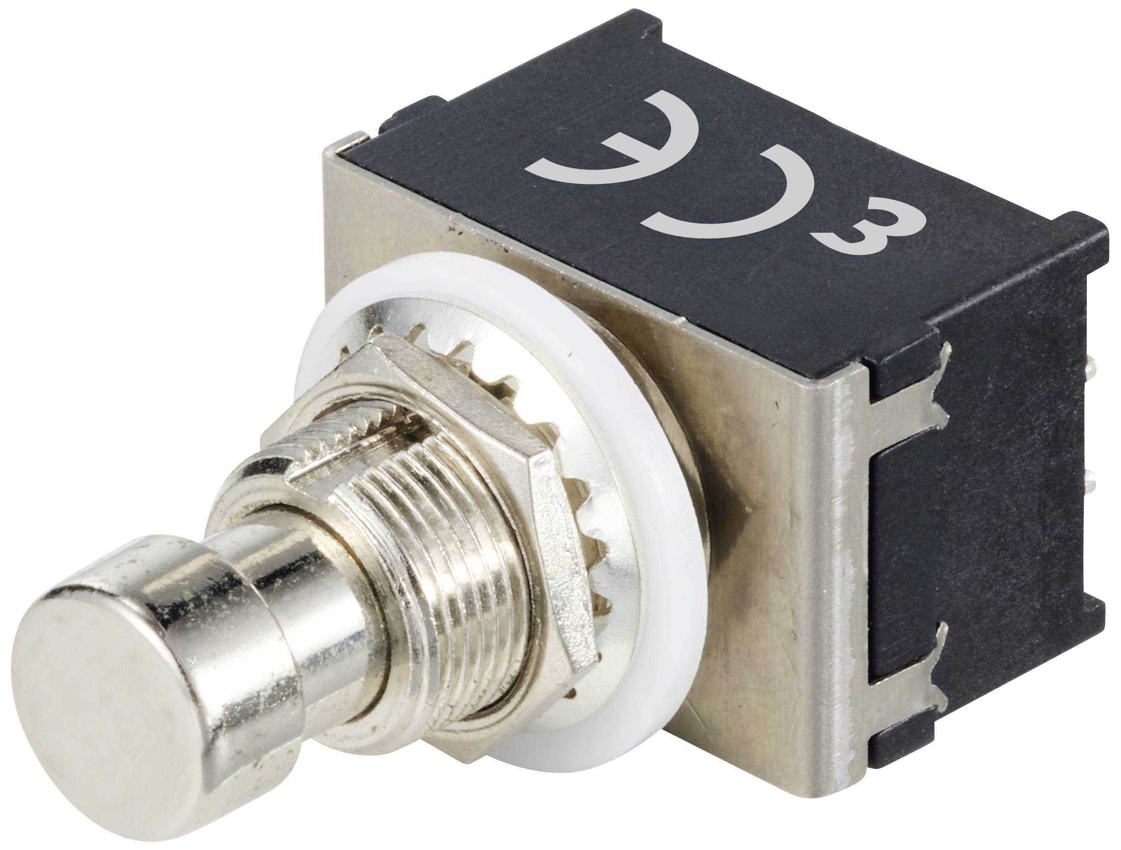 Een rechthoekige, metalen voetschakelaar met schroefdraad en zwarte bovenkant, gemarkeerd met 'CE3', voor elektronische besturing.