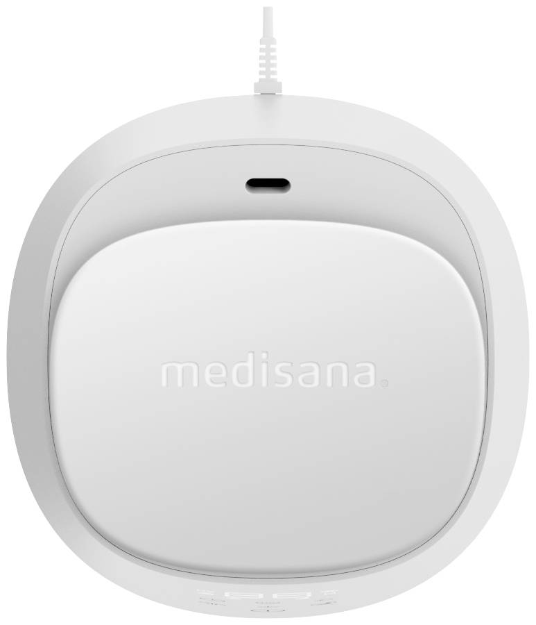 Wit, ovaal Medisana-apparaat met opgedrukt logo, elektrische aansluiting bovenaan. Geschikt voor gezondheids- of wellnesstoepassingen.