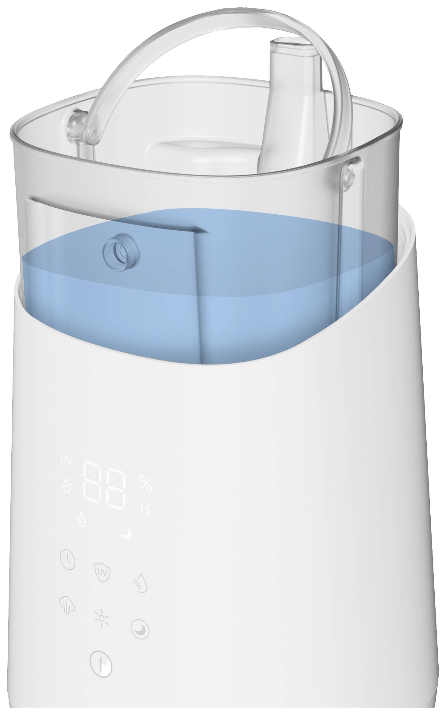Een witte luchtvochtigheidsregelaar met een transparante, gedeeltelijk met water gevulde watertank. De voorkant toont een digitaal bedieningsdisplay.