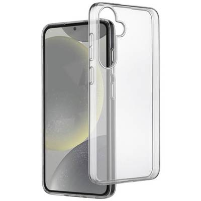 Transparante smartphonehoes die een zwart smartphone met afgeronde hoeken omsluit ter bescherming.