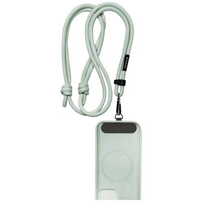Muntgroene telefoonhoes met bijpassend draagkoord, bevestigd met karabijnhaak. Geschikt voor comfortabel dragen aan het lichaam.