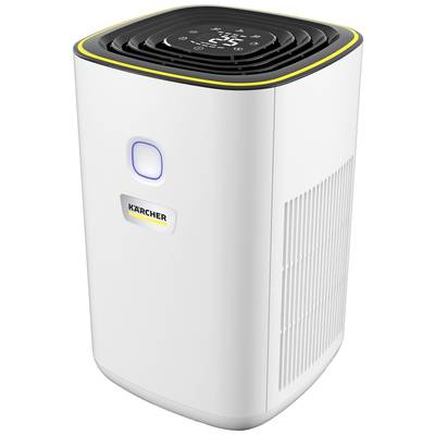Een witte luchtreiniger met een digitaal display aan de bovenkant en ventilatiesleuven aan de zijkant; merk 'Kärcher'.
