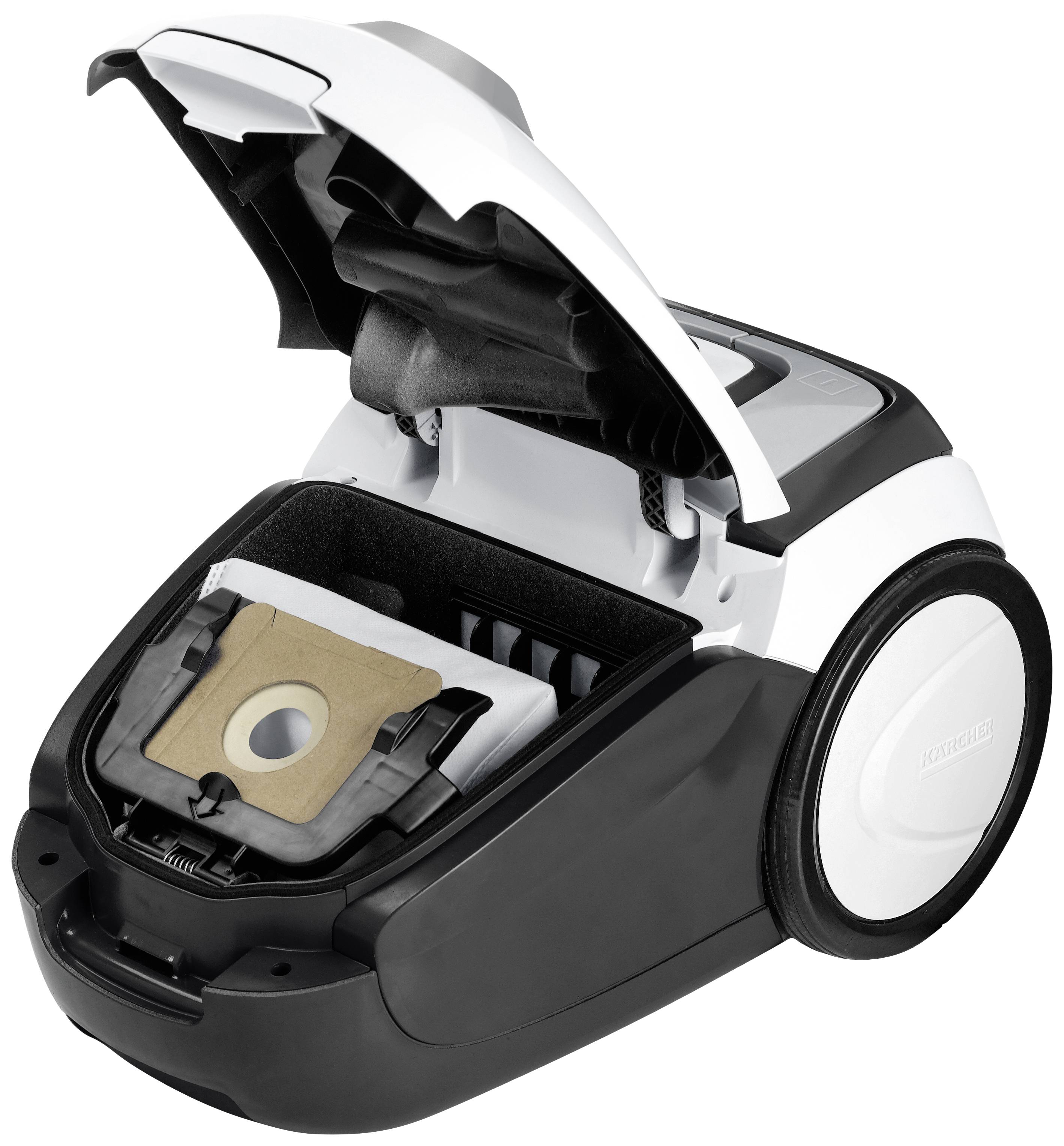 Een stofzuiger met een open klep toont een geplaatste stofzak. Hij is zwart en wit, met grote wielen en een modern design.