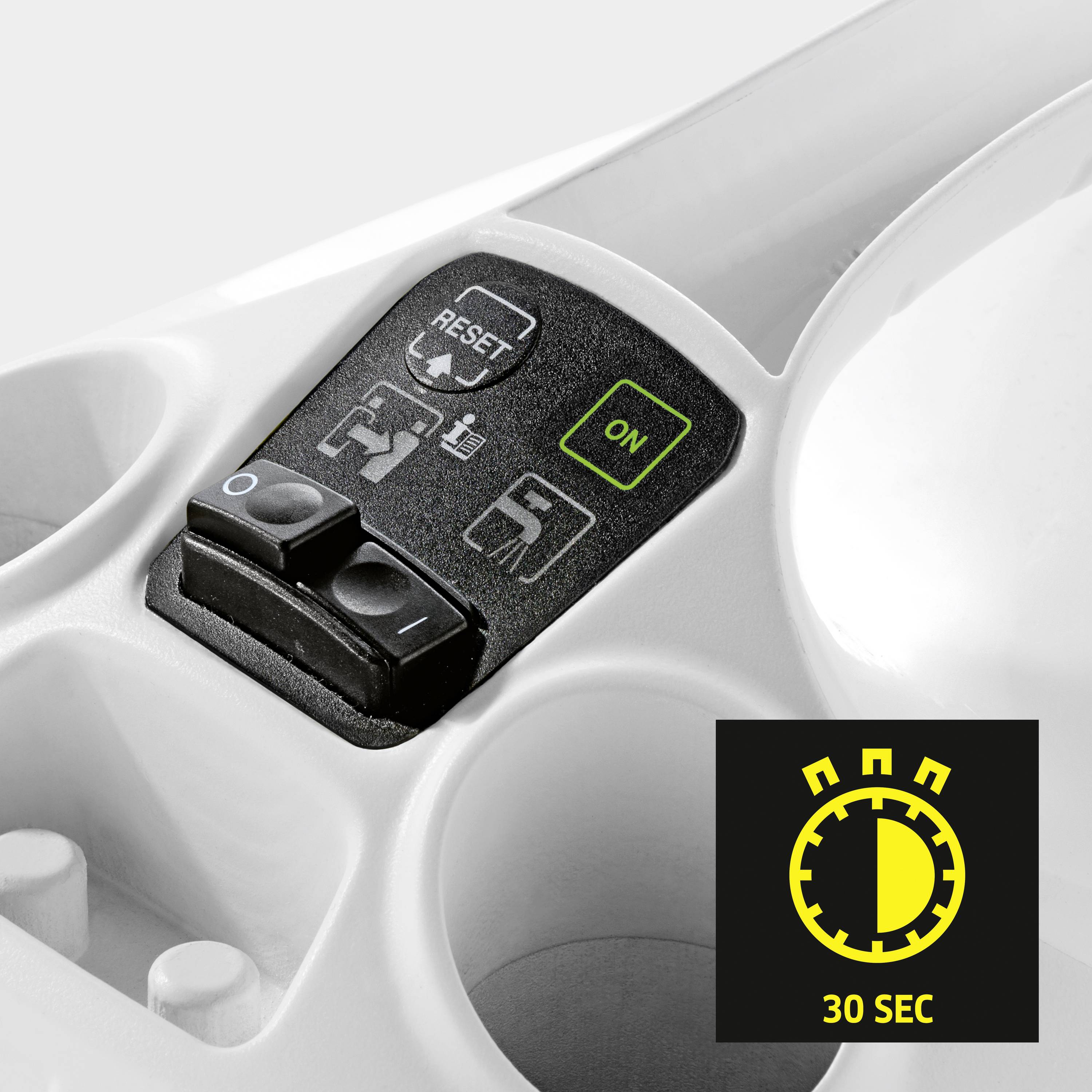Een schakelaar met reset- en startknop, geflankeerd door symboolweergaven. Eronder een rond symbool dat '30 SEC' aangeeft.