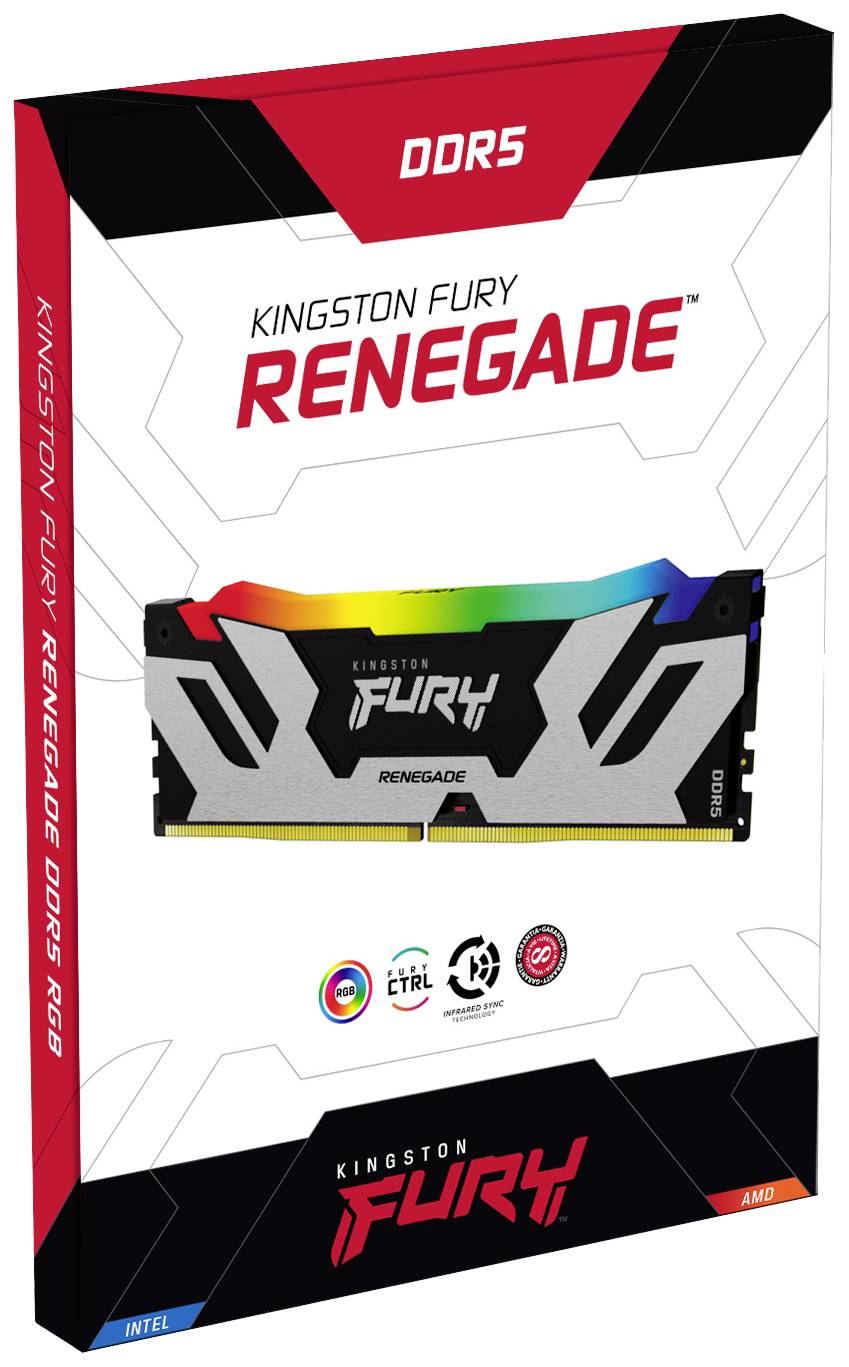De verpakking toont een Kingston Fury Renegade DDR5 RGB RAM-module. Belangrijkste kenmerken zijn snelheid en RGB-verlichting.