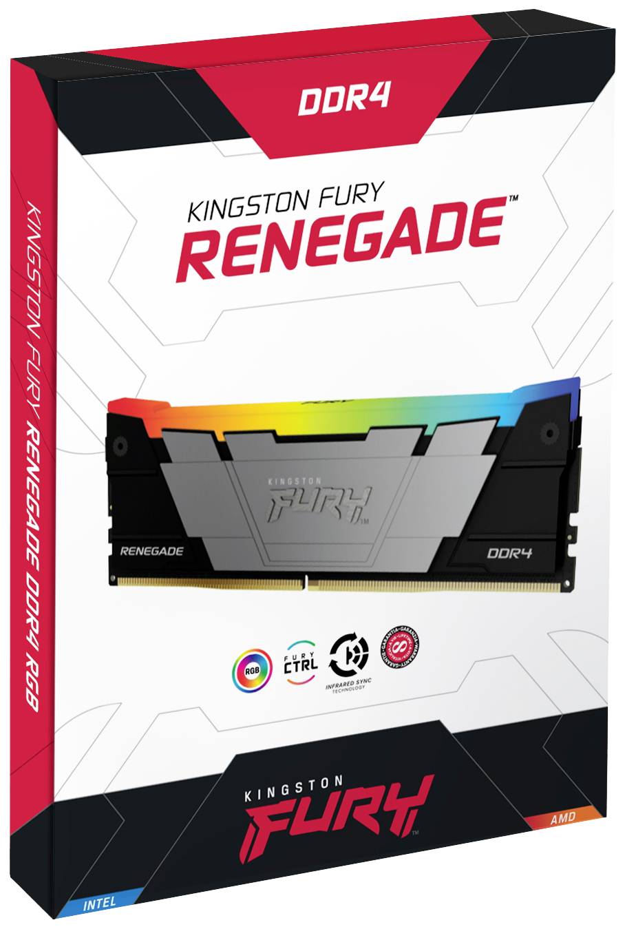 Verpakking van de 'Kingston Fury Renegade DDR4 RGB' RAM met RGB-verlichting, gepresenteerd met functies zoals Intel XMP en geregelde verlichting.