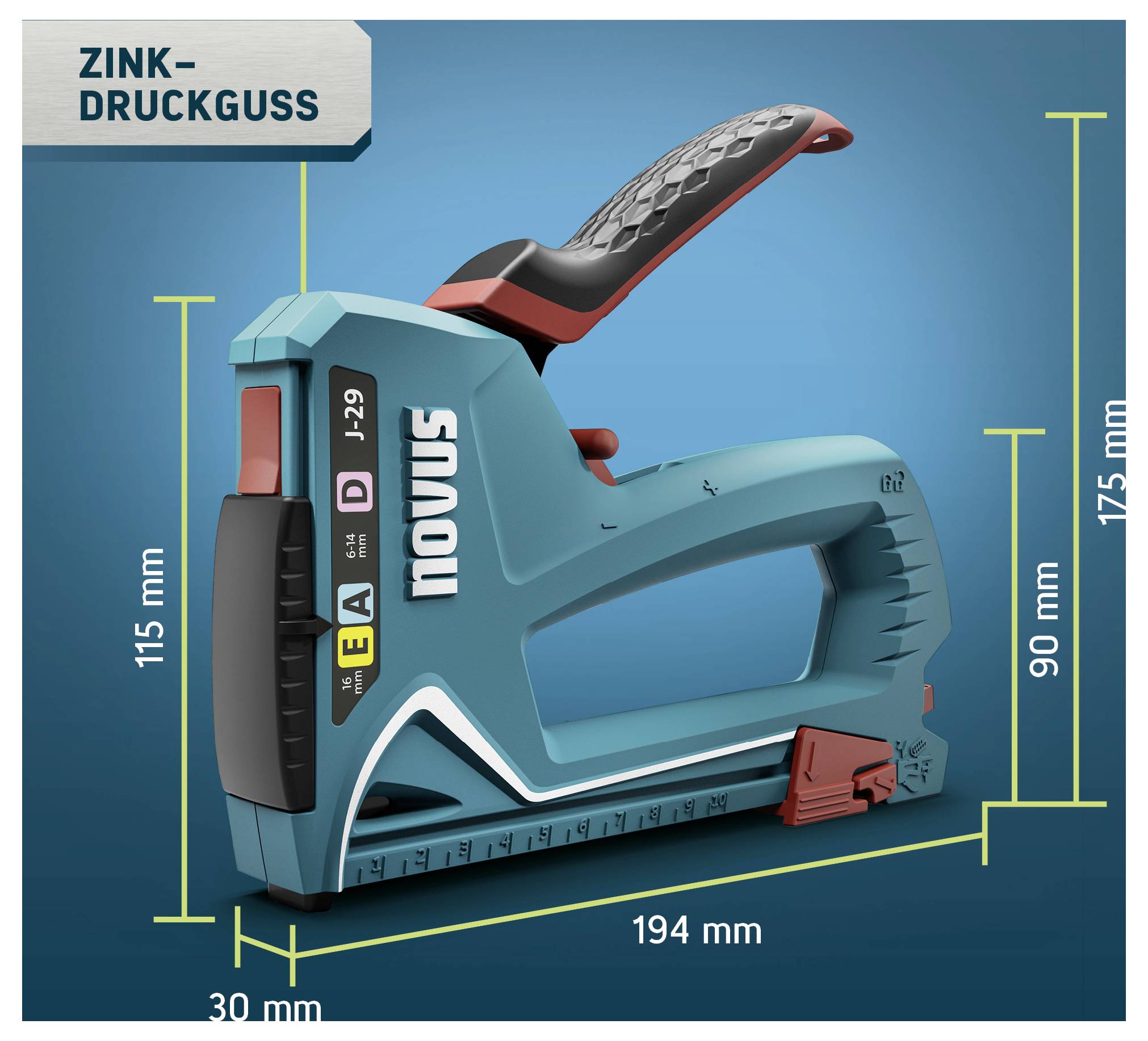 Illustratie van een accu-tacker 'nouus' uit zinkdrukgietsel met maataanduidingen: 194 mm lang, 175 mm hoog, 115 mm grijphoogte en 30 mm breedte.