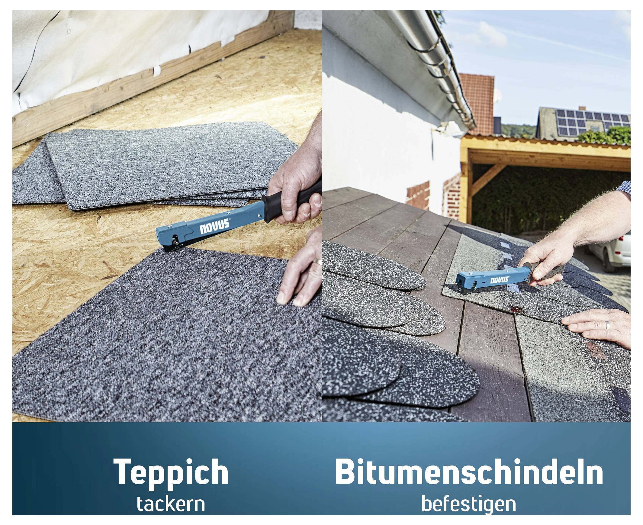 Vergelijking van nietjes: Tapijt tackeren en bitumensingels bevestigen, met handtacker op dakmateriaal.