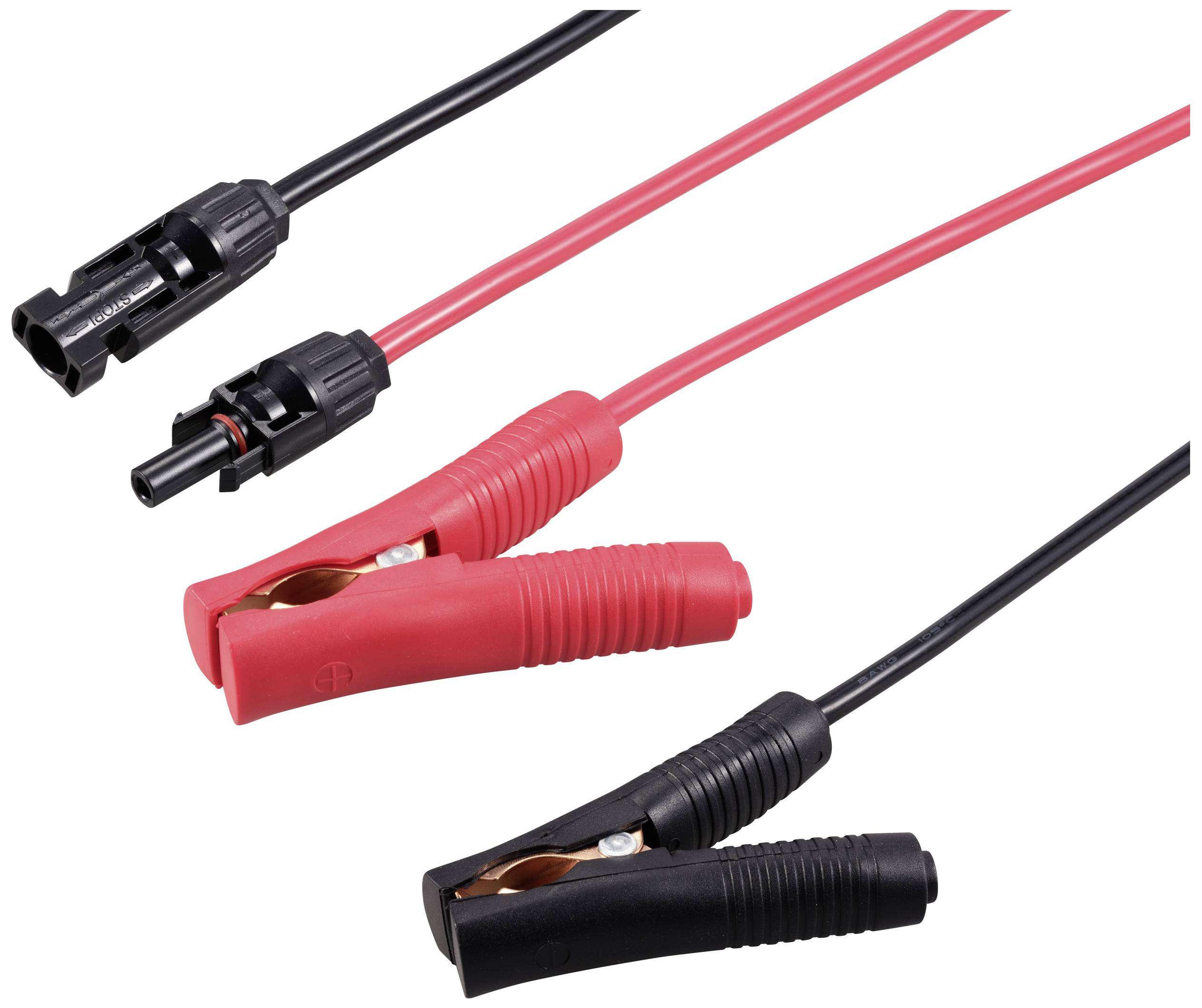 Twee kabels met krokodillenklemmen, rood voor de pluspool en zwart voor de minpool, geschikt voor het verbinden van elektrische apparaten of batterijen.
