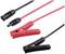 Twee kabels met krokodillenklemmen, rood voor de pluspool en zwart voor de minpool, geschikt voor het verbinden van elektrische apparaten of batterijen.