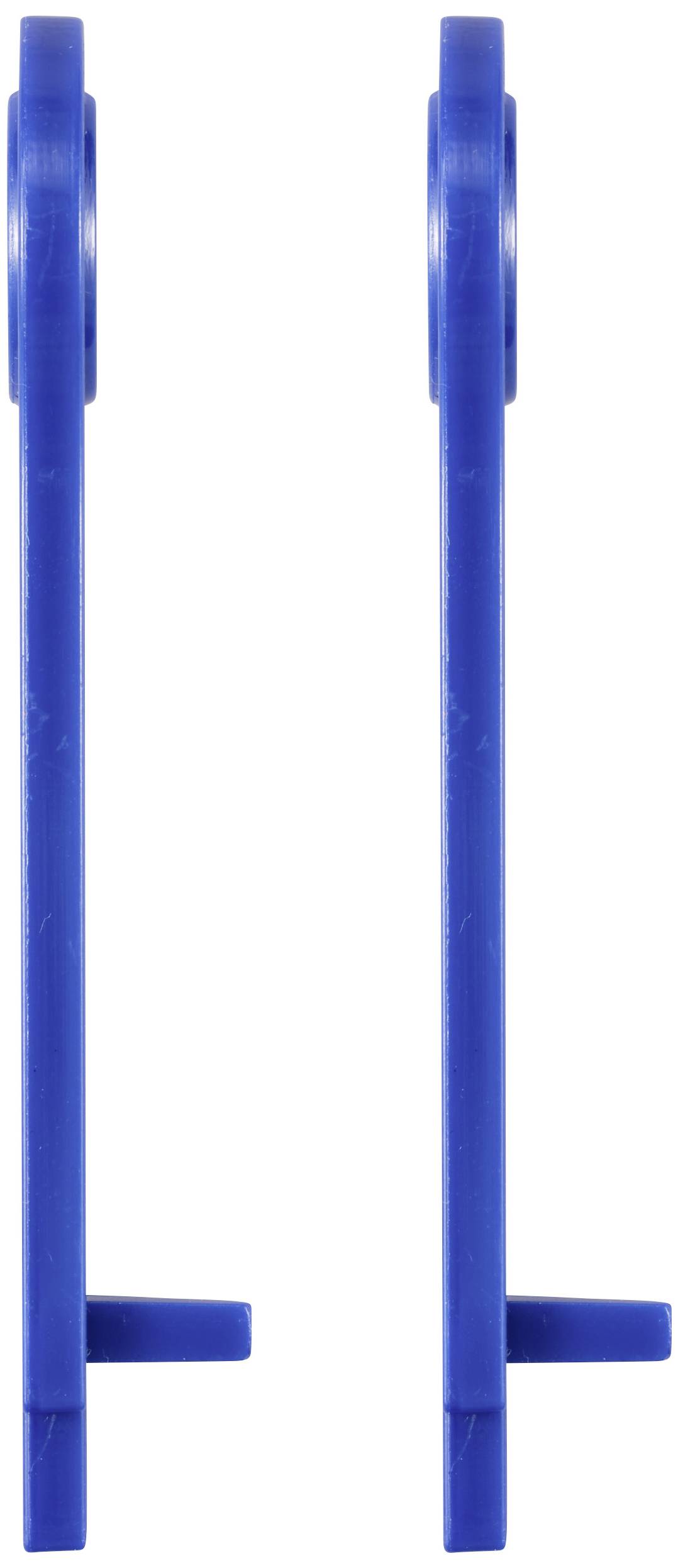 Twee blauwe, verticale plastic staven met een T-vormige basis.