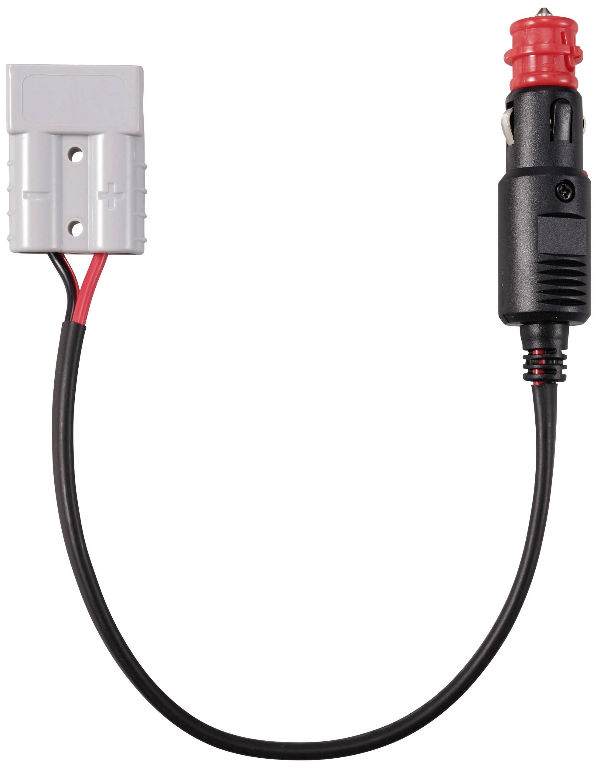 Een adapterkabel met een grijze stekkerverbinding aan de ene kant en een rode auto-stekker aan de andere kant.