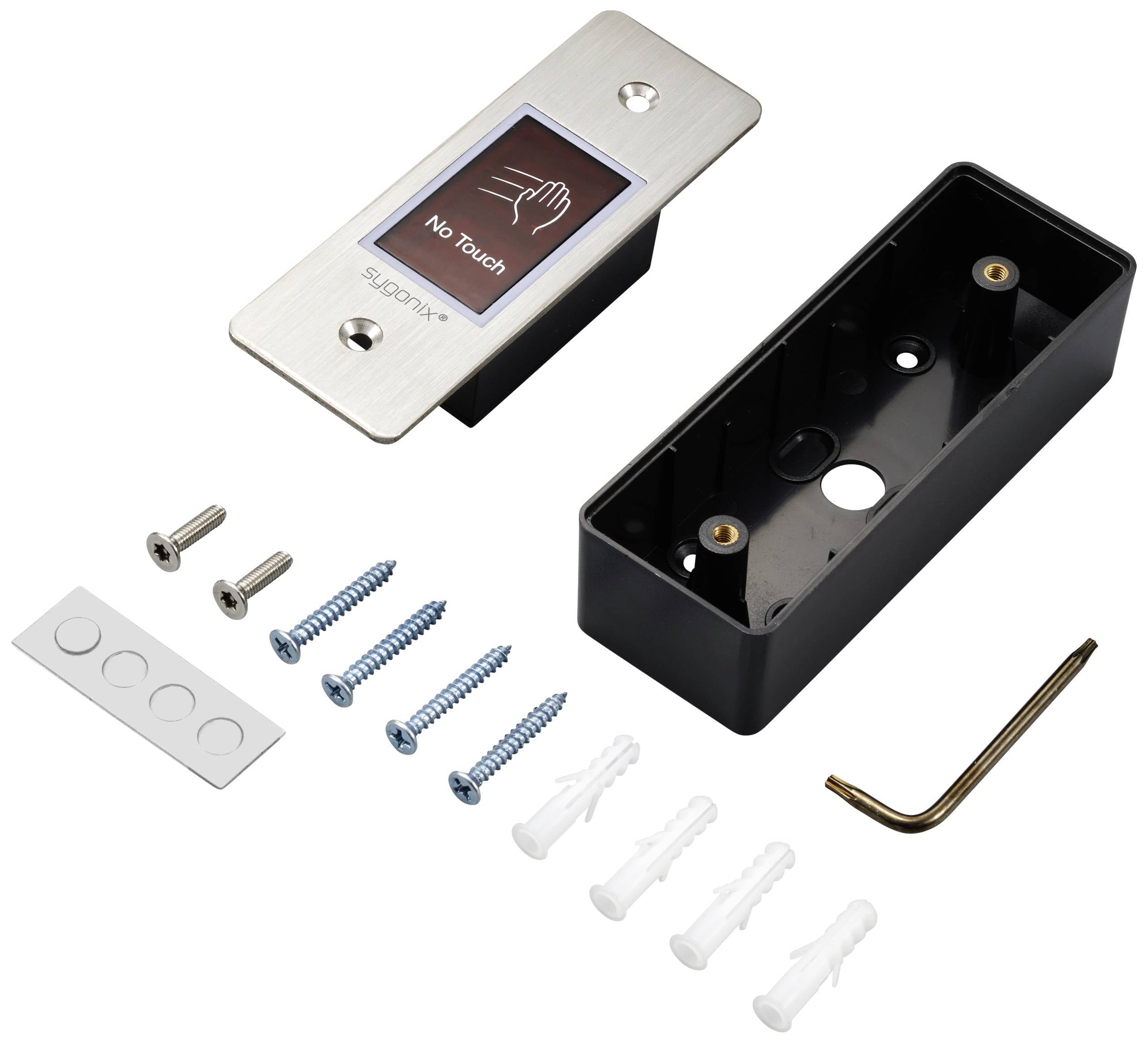 Deursenor-kit met aanraakloze sensor, montageplaat, schroeven, pluggen en inbussleutel. Sensor toont 'No Touch' symbool.
