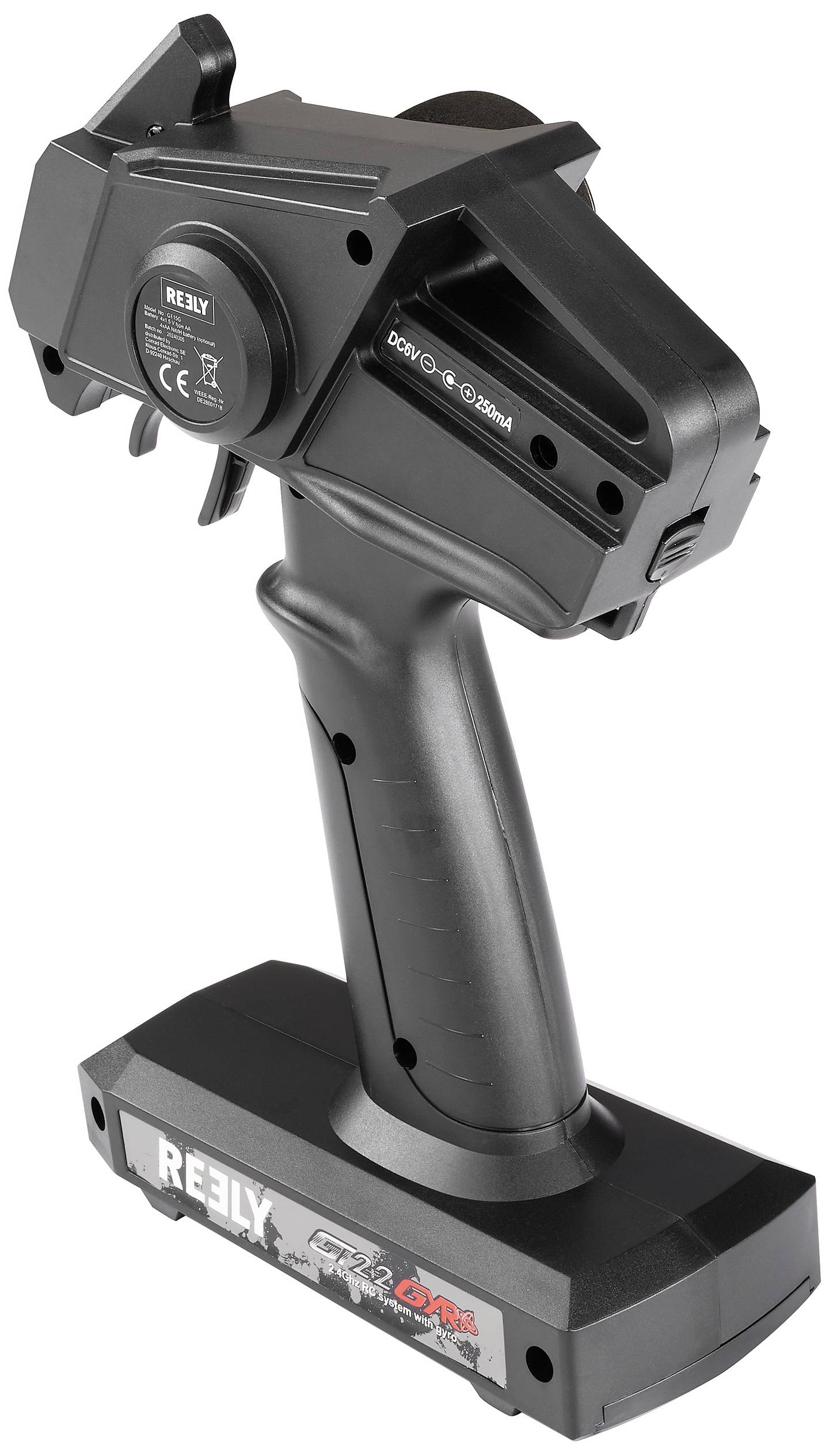 Een zwarte afstandsbediening voor op afstand bestuurbare voertuigen, met een ergonomische handgreep en een draaiknop bovenaan.