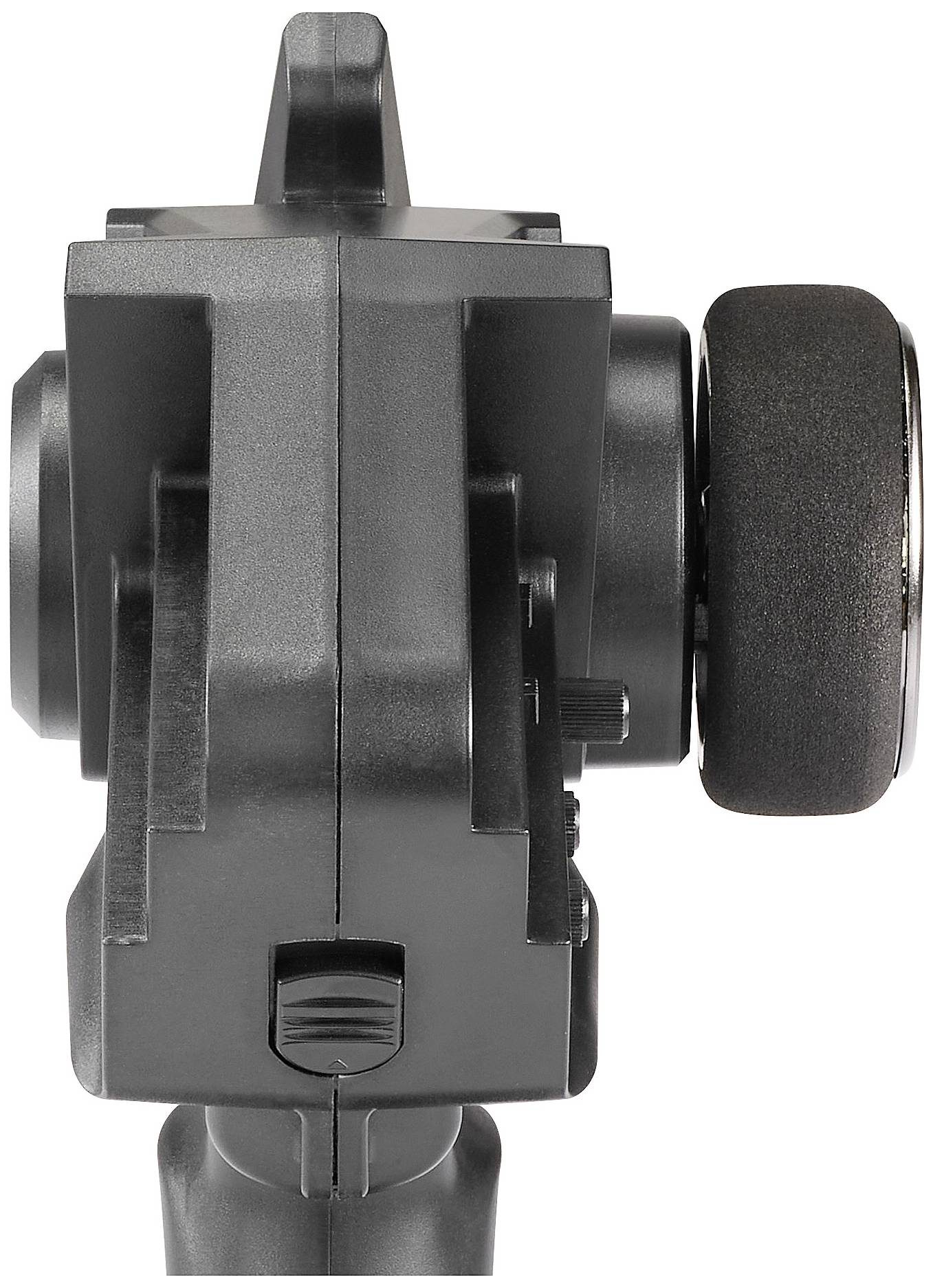 Afstandsbediening van bovenaf, toont het stuurwiel rechts en de schakelaar in het midden. Robuust zwart kunststof design.