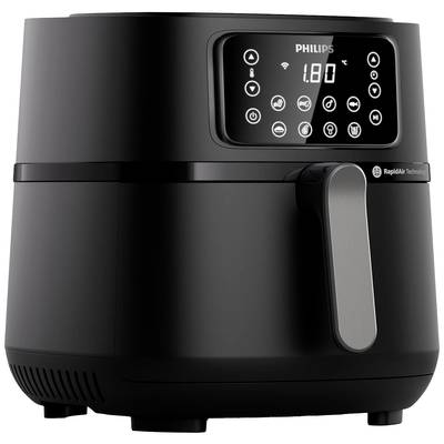 Een zwarte Philips airfryer met digitaal display en bedieningsknoppen, die 180 graden Celsius aangeeft.