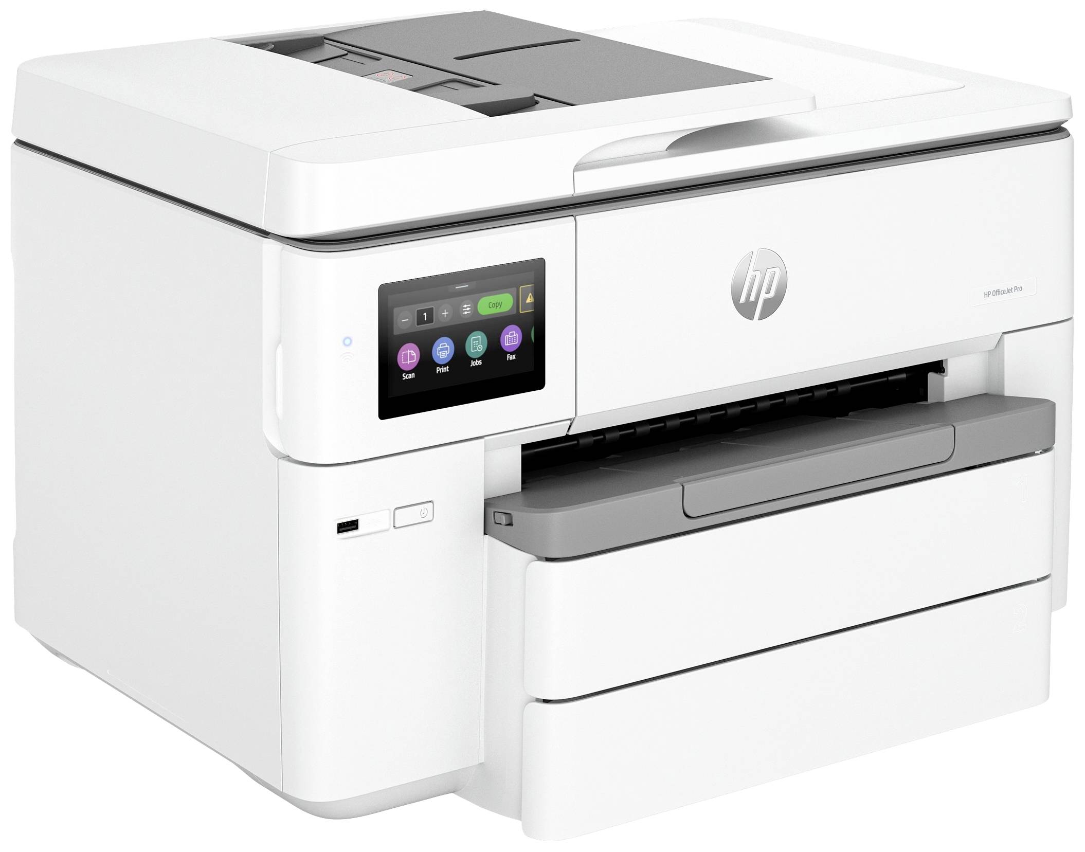 Een witte multifunctionele printer met een klein bedieningspaneel en meerdere papierladen.