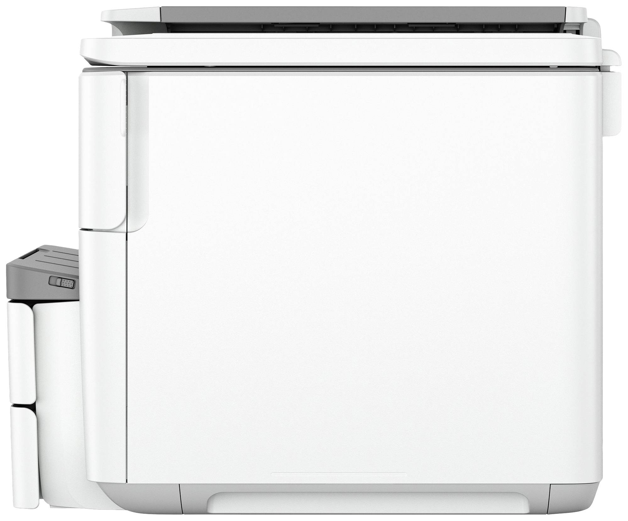 Een witte printer van opzij, met een papierlade en bedieningspaneel zichtbaar. Geschikt voor kantoor- of thuisomgevingen.