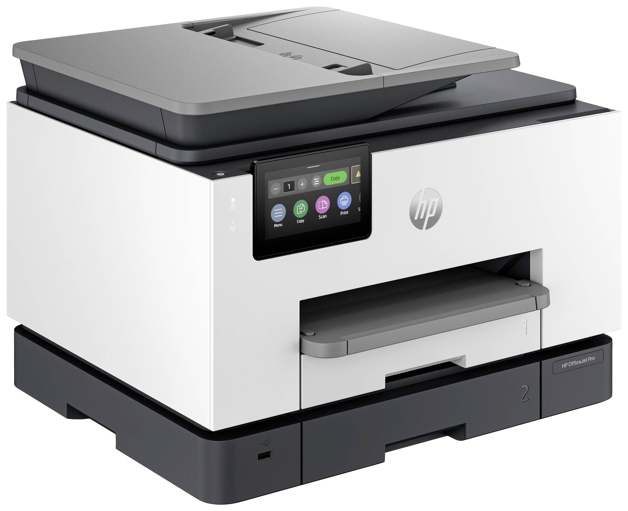 Een witte en zwarte multifunctionele printer met een digitaal display en meerdere bedieningsknoppen aan de voorzijde.