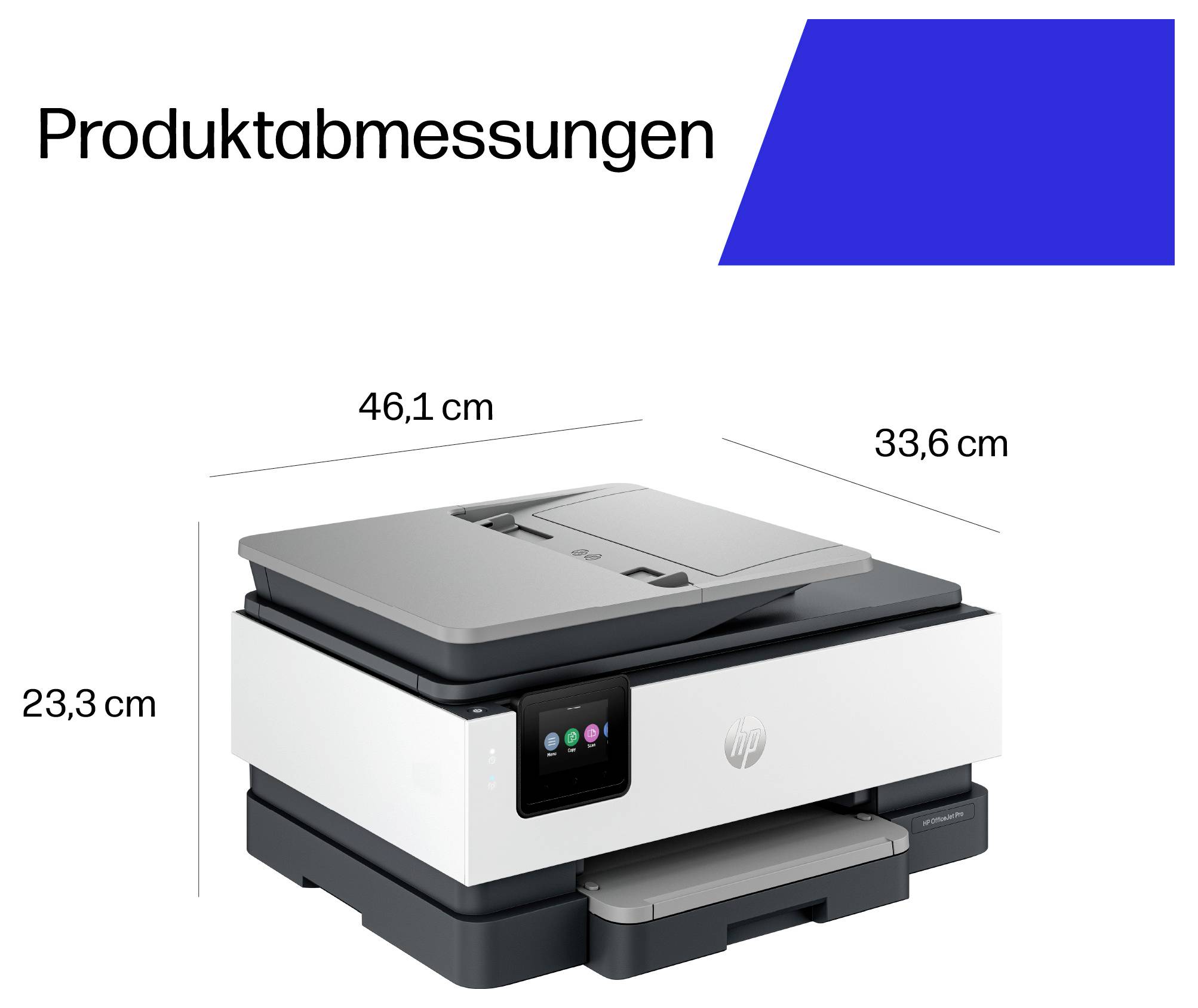 Productafmetingen voor een HP-printer: 46,1 cm breed, 33,6 cm diep en 23,3 cm hoog.