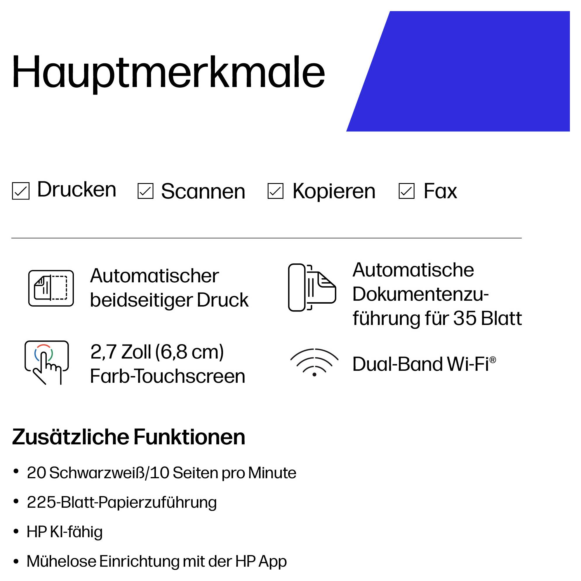 Duitse printerfunctieblad met afdruk, scannen, kopiëren, faxen; automatische duplex, 35-vel ADF, 2,7-inch kleurentouchscreen, dual-band Wi-Fi, 20 ppm, 225-vel lade, HP AI, eenvoudige app-installatie.