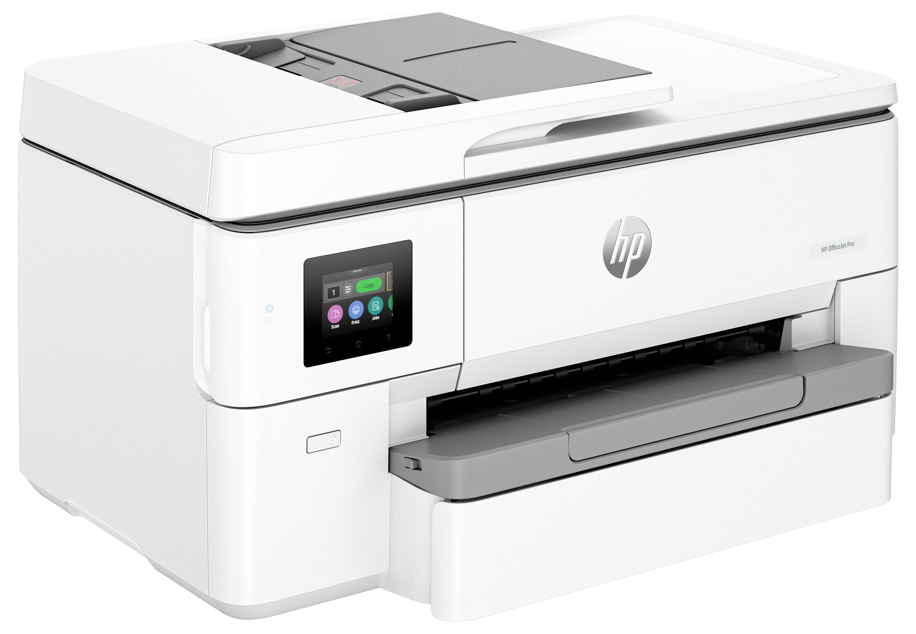 Witte HP all-in-one printer met aanraakscherm bedieningspaneel en voorkant papierbakuitvoer.