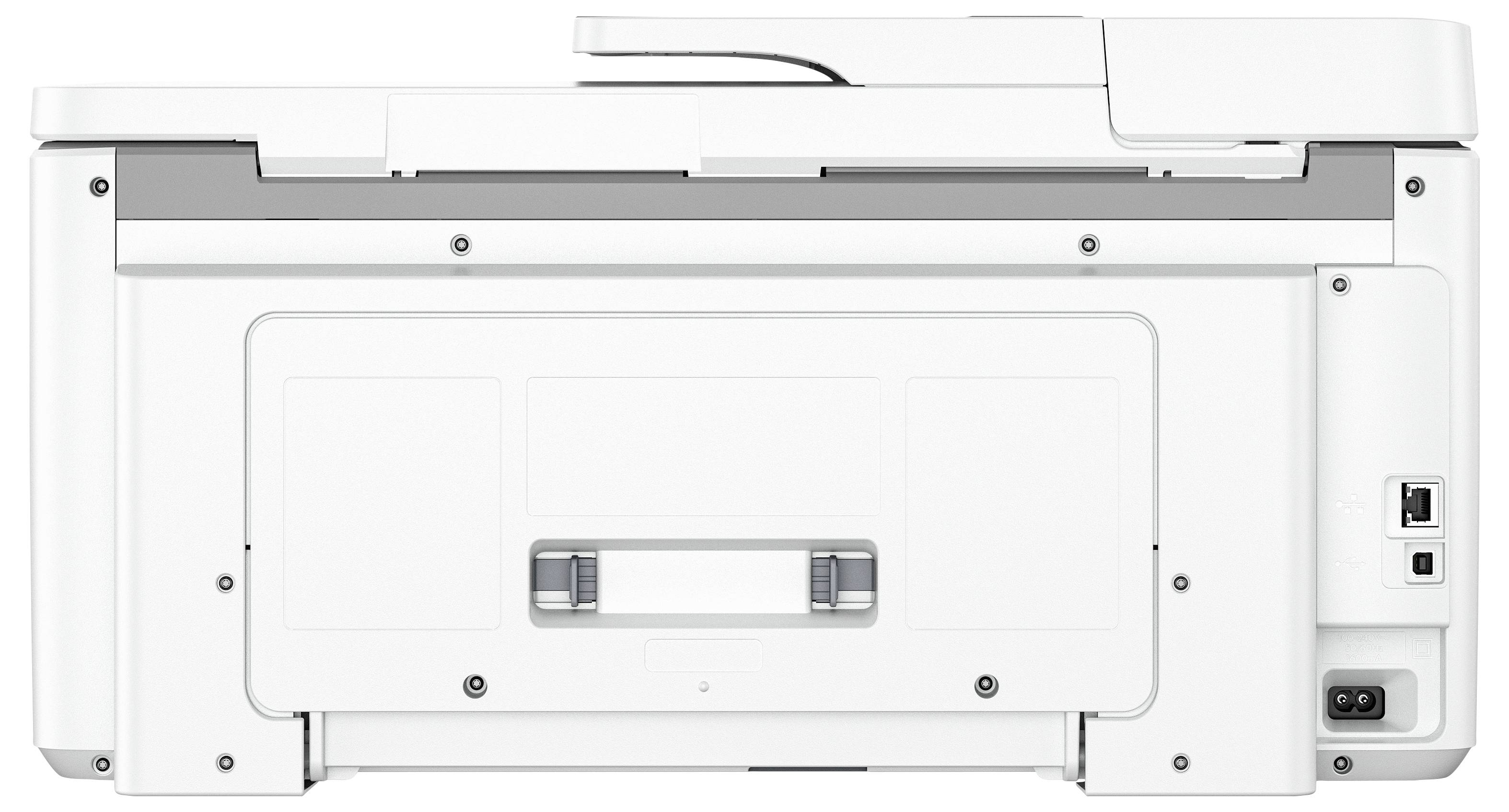 Achterkant van een witte multifunctionele printer met zichtbaar papiervoedingsbakje, poorten en stroomverbinding.
