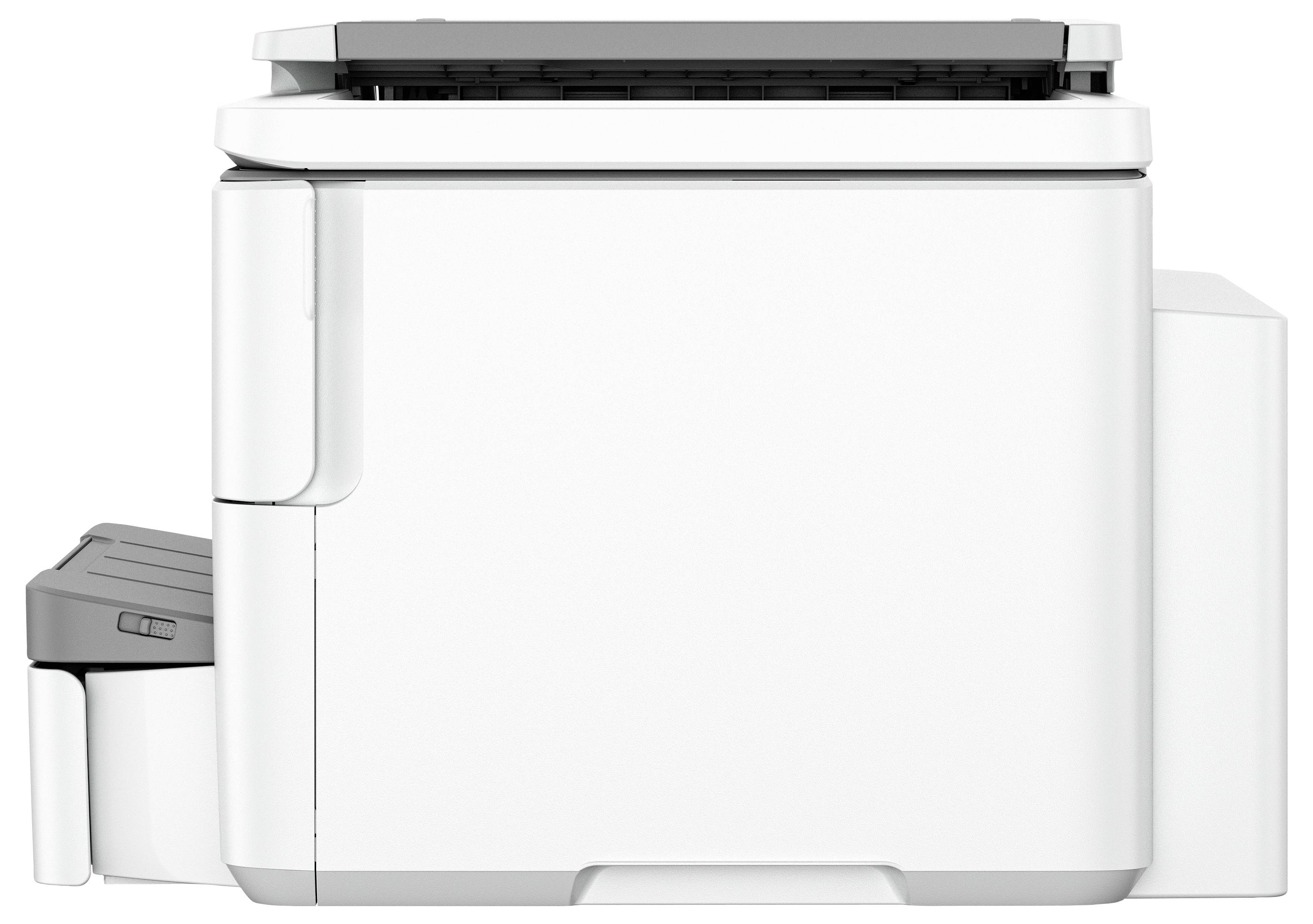 Witte kantoorprinter met papierlade aan de linkerkant en uitvoerlade bovenop, weergegeven in zijaanzicht tegen een effen achtergrond.