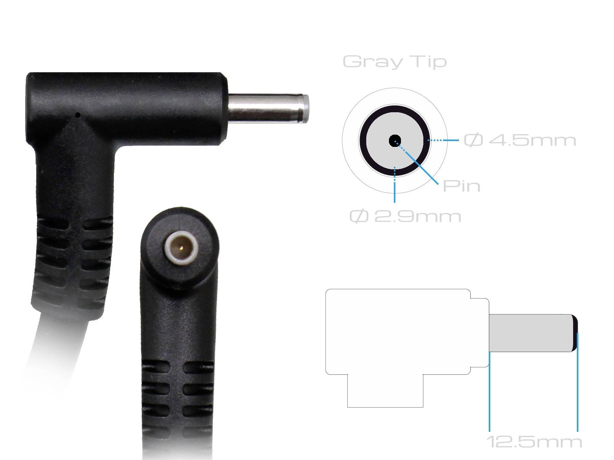 'Zijaanzicht van een 3,5-mm-netadapter met een zwart behuizing en grijze punt. Diagram met afmetingen: 4,5 mm breedte, 2,9 mm pin-diameter, 12,5 mm lengte.'