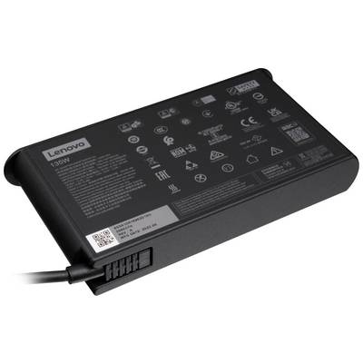 Zwart netsnoer met Lenovo-logo linksboven, verschillende certificeringssymbolen en technische specificaties in het wit aan de bovenkant.