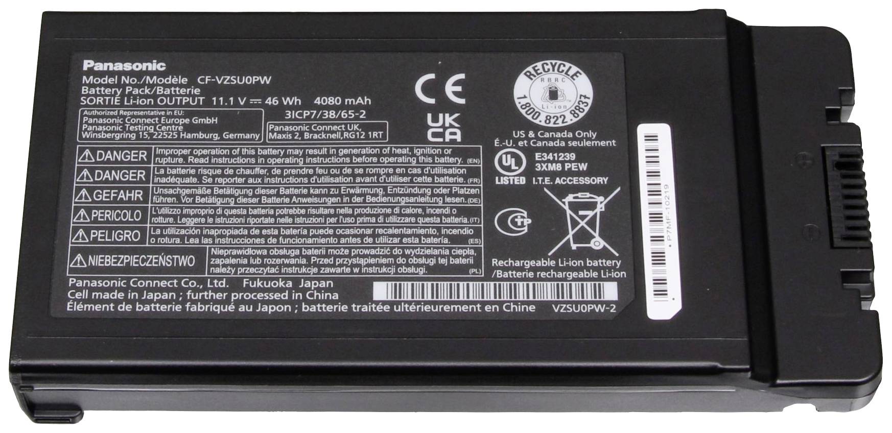 Een zwarte Panasonic lithium-ion accu met modelnummer CF-VZSU0PW en specificaties 11,1V, 46Wh, 4080mAh.