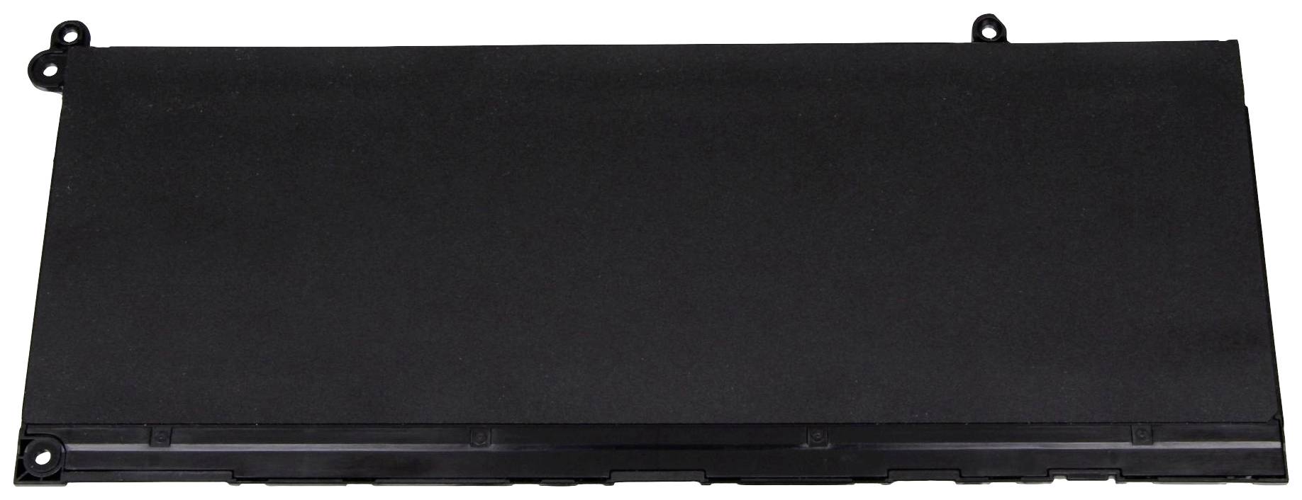 Een rechthoekige, zwarte laptopbatterij, plat en langwerpig, met licht afgeronde hoeken en kleine bevestigingsgaatjes.