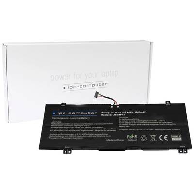 Een laptop-vervangende accu met opschrift 'ipc-computer', spanning 15,4V, capaciteit 3600mAh, voor een verpakking met de tekst 'power for your laptop'.