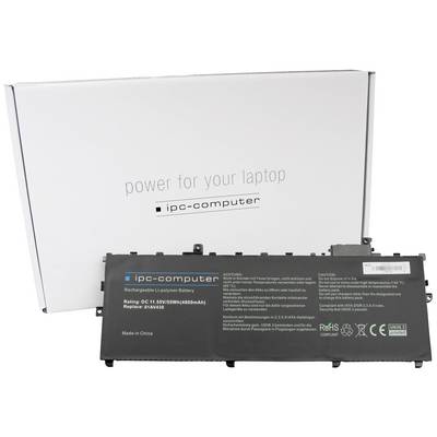 Een laptopaccu ligt voor een witte doos met de tekst 'power for your laptop', geproduceerd door "ipc-computer".