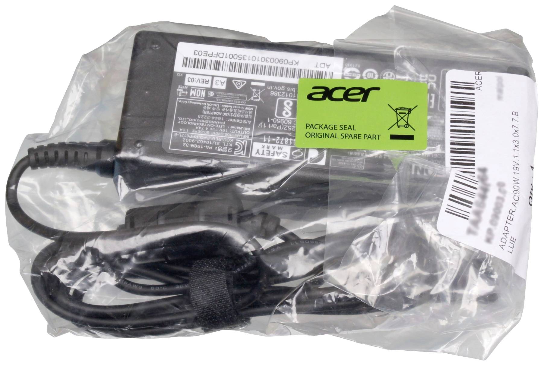 'Acer laptopvoeding in originele vervangingsonderdeelverpakking, zwart, met etiket "Package Seal Original Spare Part".'