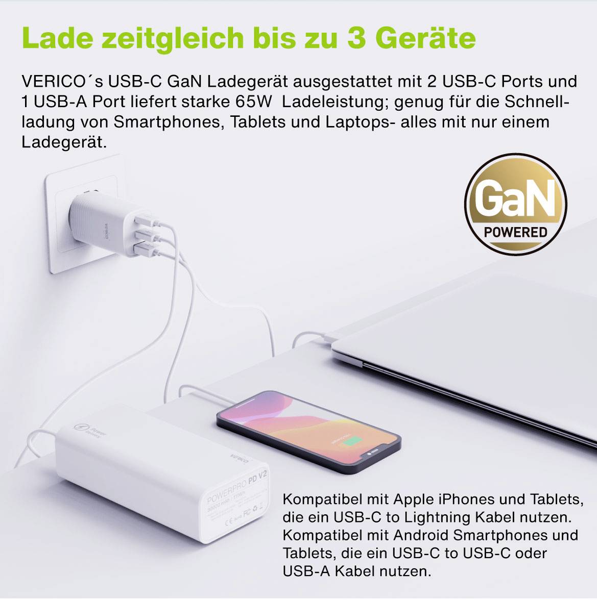 'GaN-oplader laadt tot 3 apparaten tegelijkertijd; 65W; compatibel met smartphones, tablets, laptops via USB-C en USB-A.'