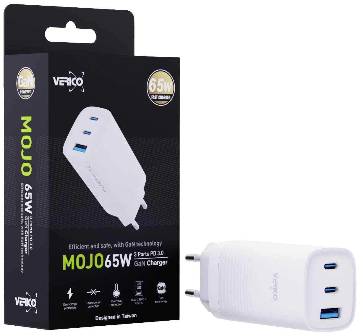 Oplader met twee USB-poorten en verpakking. Tekst op de verpakking: 'MOJO 65W, 3 Poorten PD 3.0 GaN Oplader, Ontworpen in Taiwan'.