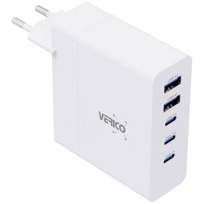 Een wit laadstation met vier USB-poorten, waarvan twee USB-A en twee USB-C. Aan de zijkant is het 'Verico' logo zichtbaar.
