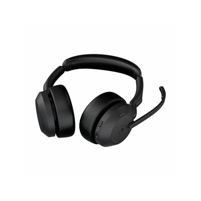 Een zwarte headset met gewatteerde oorschelpen en een microfoonarm, geschikt voor telefonische vergaderingen of muziekplezier.