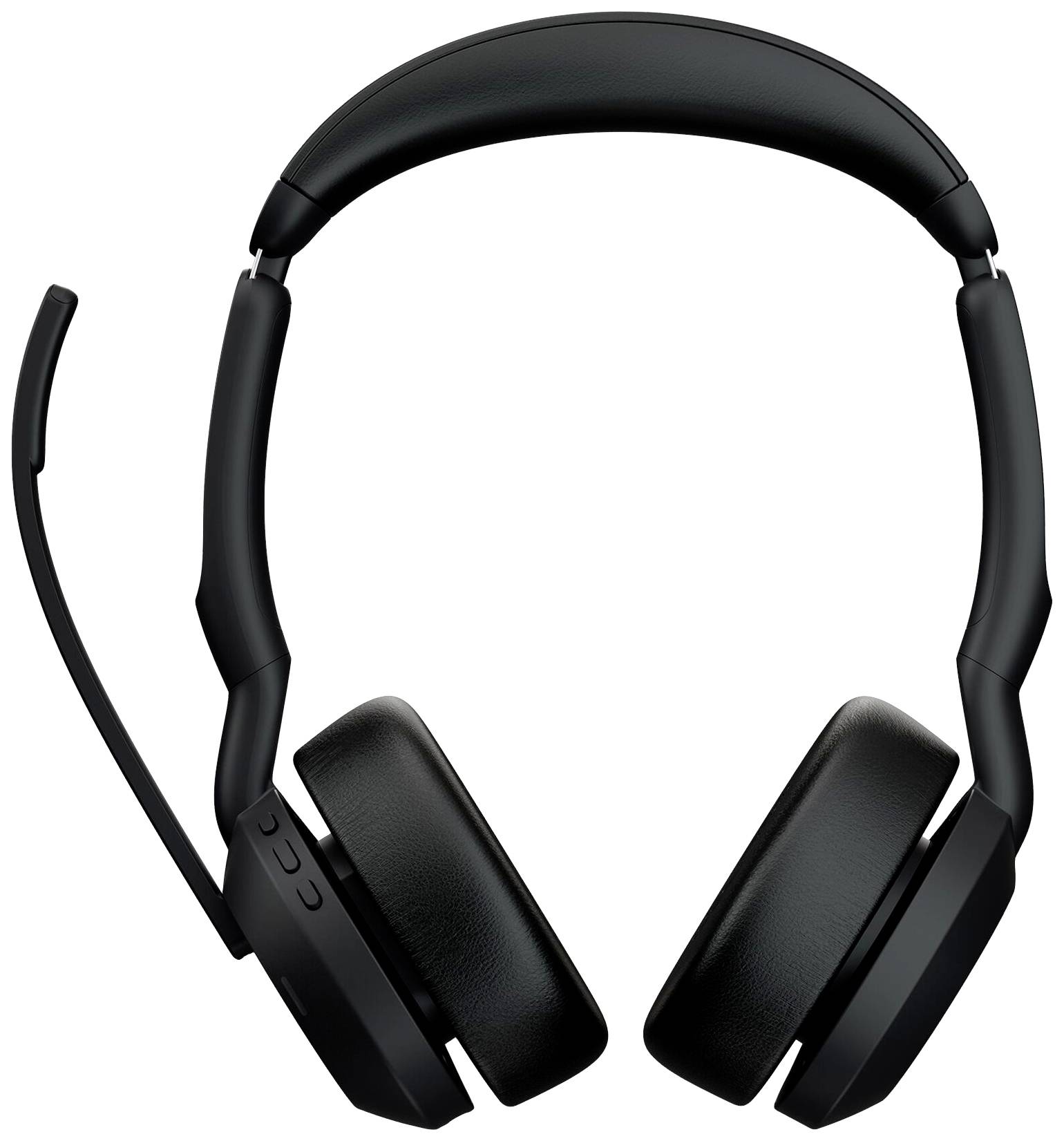 Zwart over-ear headset met microfoonarm en gepolsterde oorkussens, vermoedelijk geschikt voor telefoongesprekken of online vergaderingen.