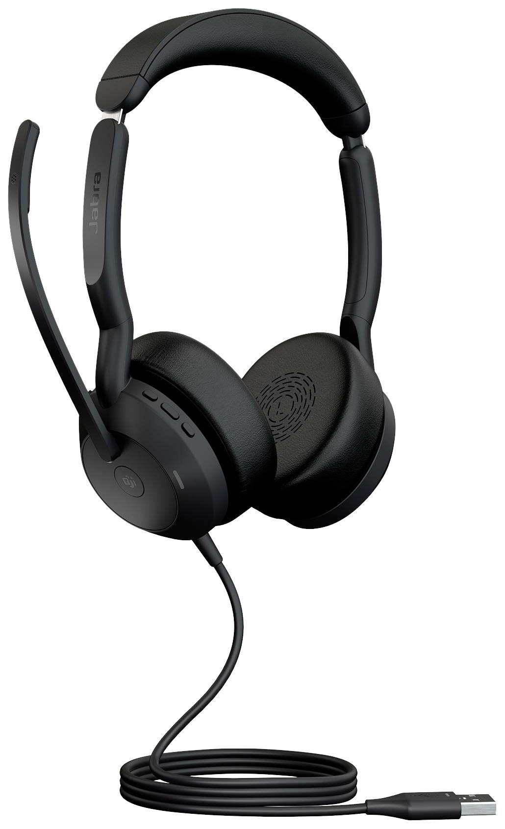 Een zwarte headset met over-ear oorschelpen, microfoonarm en kabel met USB-aansluiting. Ontworpen voor communicatie en comfort.