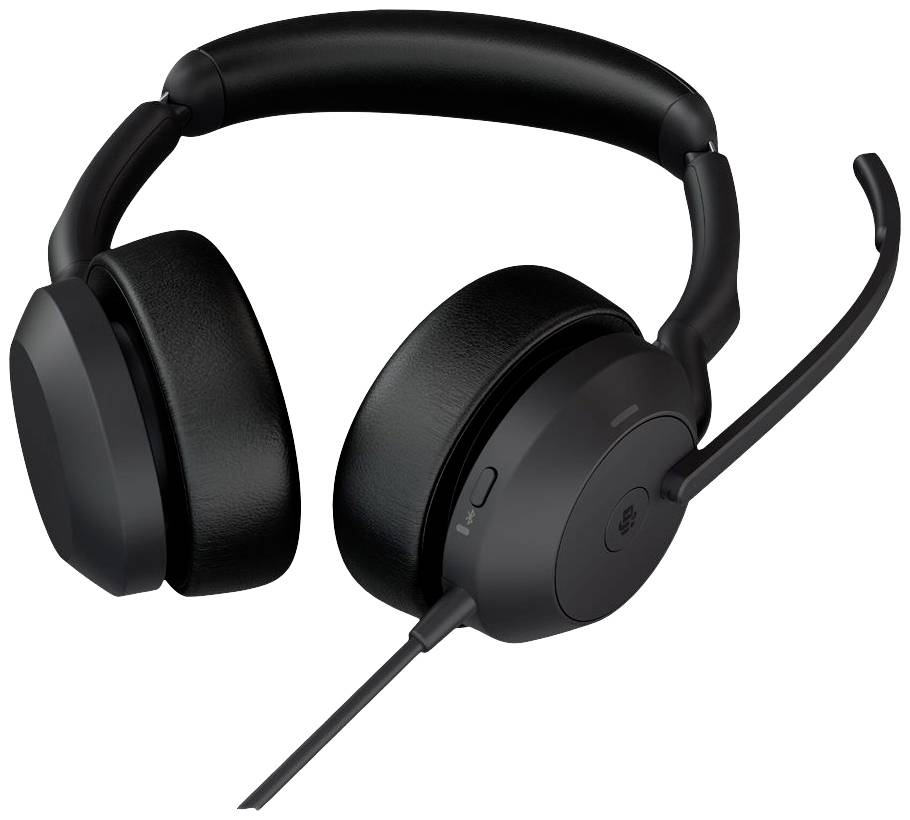 Een zwarte headset met oorkussens, verstelbare microfoon en kabel, geschikt voor computer- en telecommunicatie.