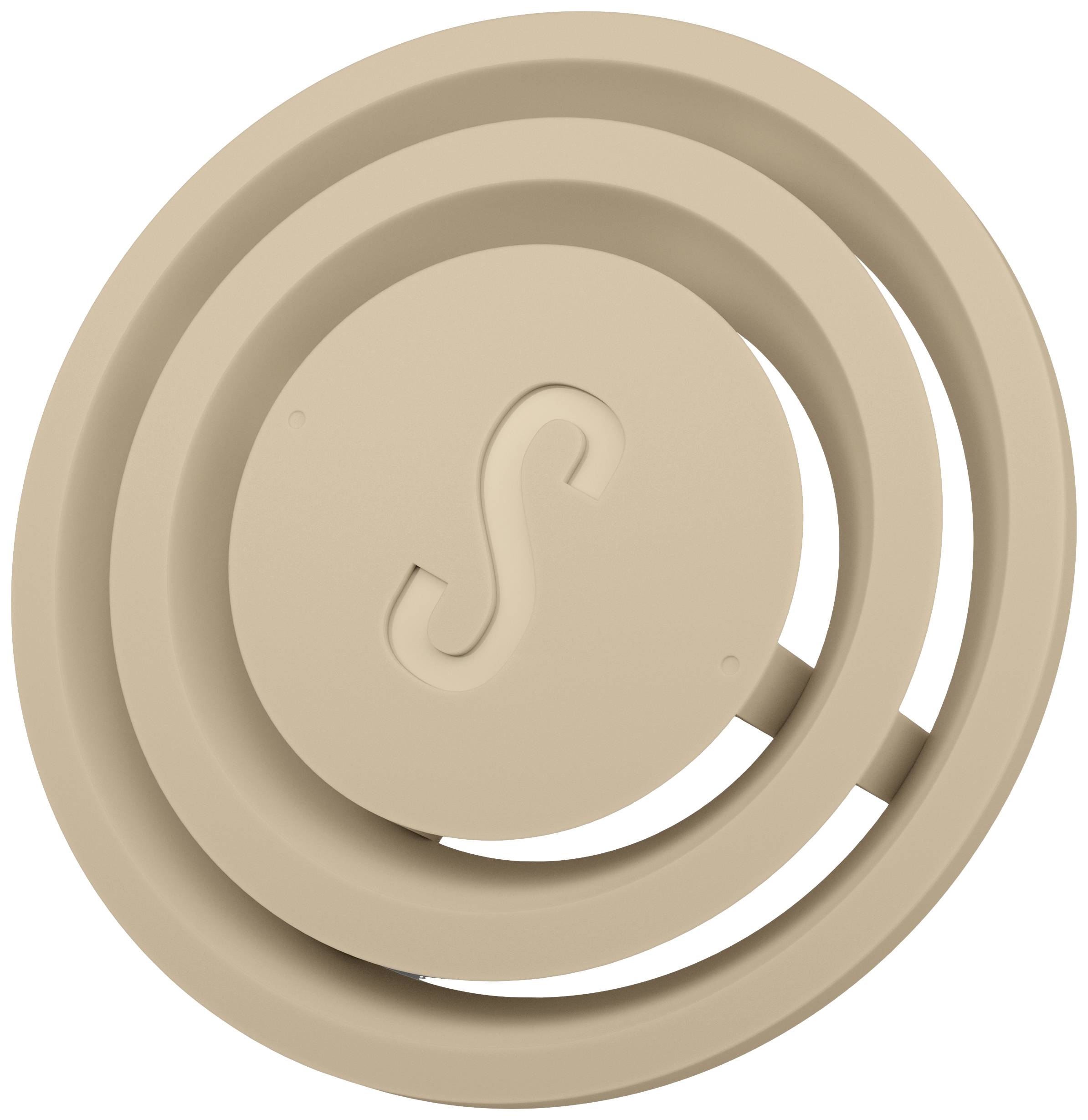 Beige ronde ventilatierooster met een sierlijk 'S'-symbool in het midden, gevormd door concentrische cirkels.