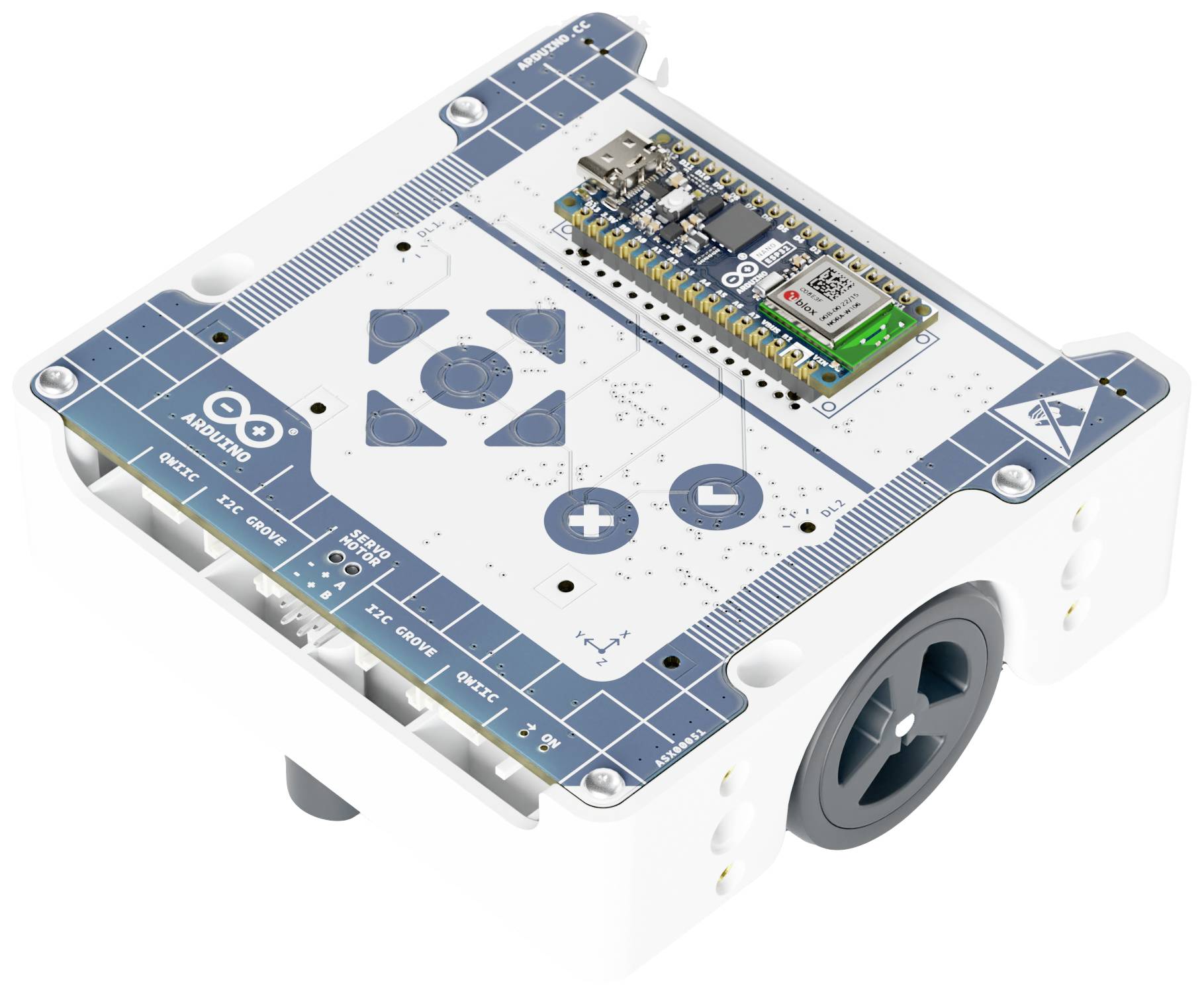 Een witte robot met wielen, een microcontroller en knoppen met pijlen en plus-min symbolen op het oppervlak.
