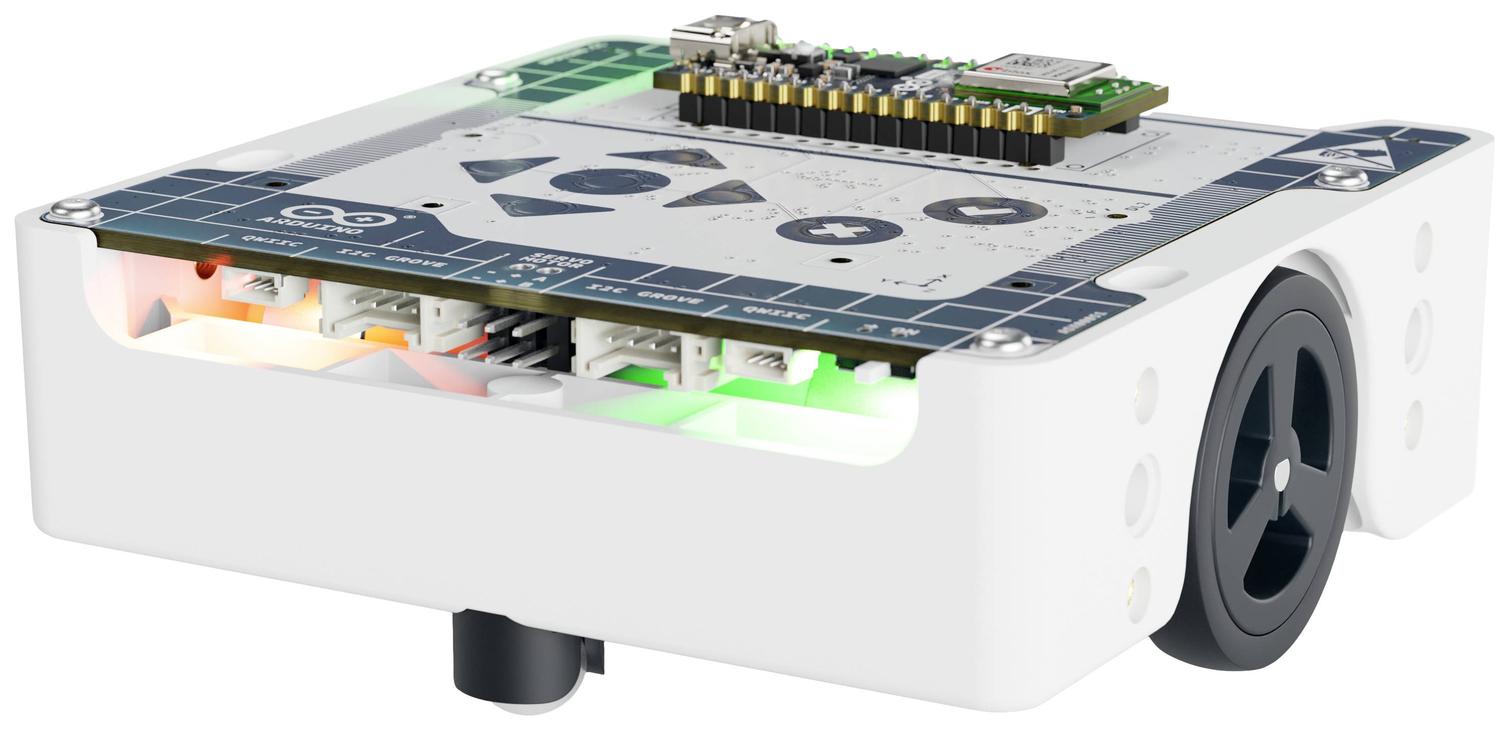 Kleine robot op wielen met sensoren, LED-verlichting en een printplaat aan de bovenkant, geschikt voor programmeer- en elektronica-projecten.